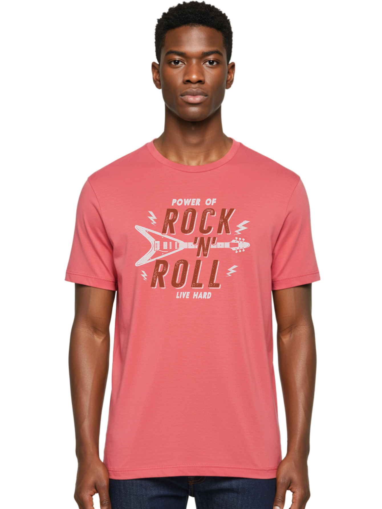 Power-Of-Rock-N-Roll Men'S Graphic Tee, 100% Cotton, Comfortable Casual Summer Wear, Machine Washable, Rock N Roll, Guitar Illustration, Power Of Music, Live Hard, Bold Typography, Energetic Design, Rock On, Musical Inspiration Aab953 24