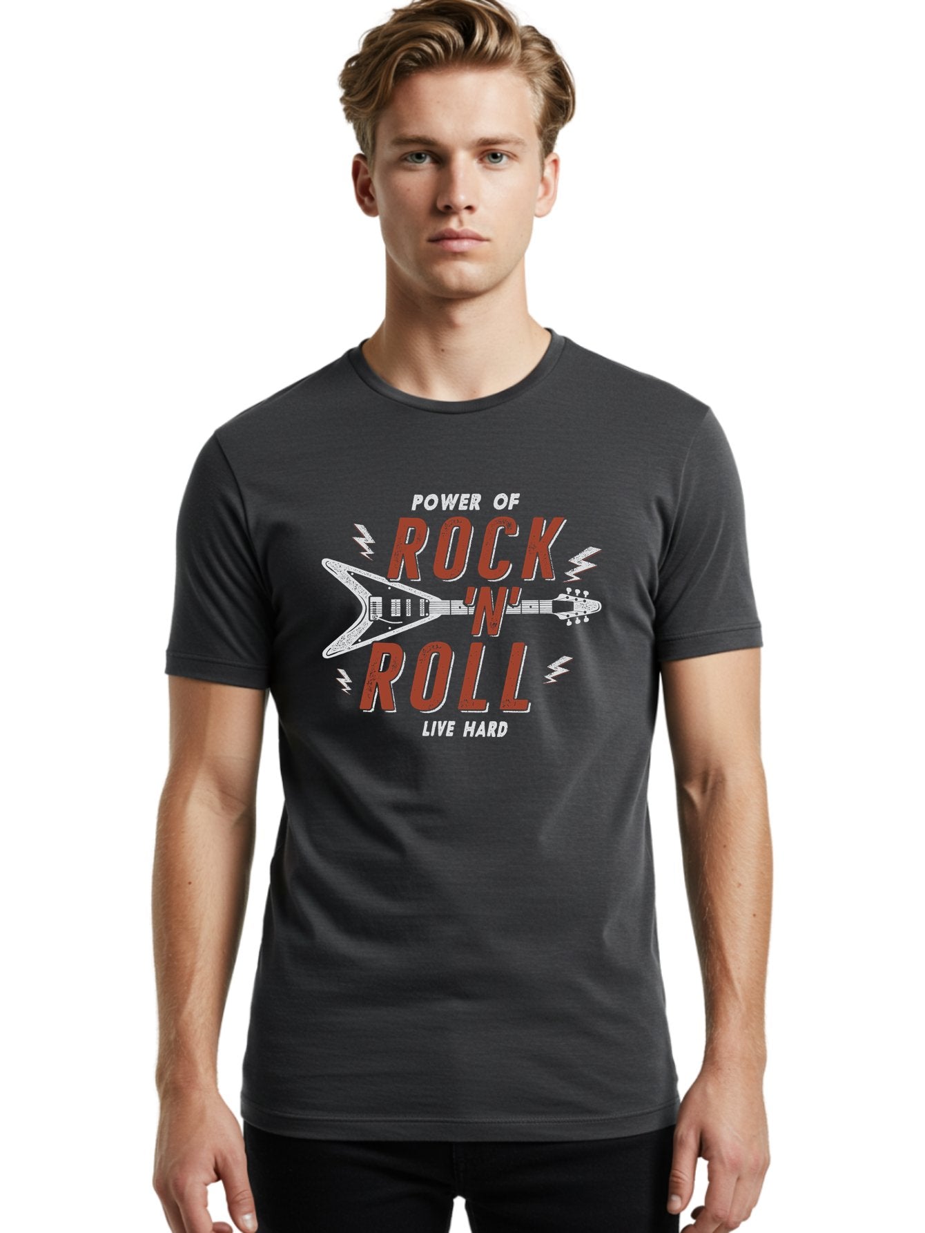 Power-Of-Rock-N-Roll Men'S Graphic Tee, 100% Cotton, Comfortable Casual Summer Wear, Machine Washable, Rock N Roll, Guitar Illustration, Power Of Music, Live Hard, Bold Typography, Energetic Design, Rock On, Musical Inspiration Aab953 26