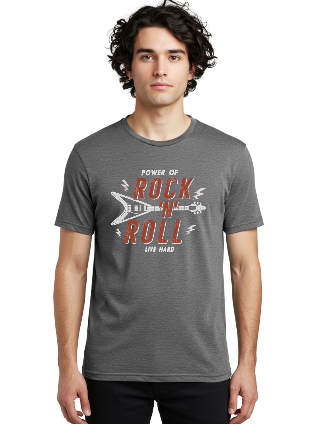 Power-Of-Rock-N-Roll Men'S Graphic Tee, 100% Cotton, Comfortable Casual Summer Wear, Machine Washable, Rock N Roll, Guitar Illustration, Power Of Music, Live Hard, Bold Typography, Energetic Design, Rock On, Musical Inspiration Aab953 6