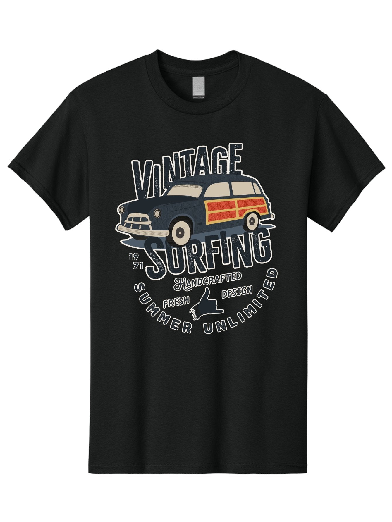 Vintage-Surfing-2 Men'S Graphic Tee, 100% Cotton, Comfortable Casual Summer Wear, Machine Washable, Vintage Surf Car, Surf Culture, Summer Vibes, Retro Design, Handmade Graphics, Shaka Sign, Coastal Style, Surf-Inspired Art, Nostalgic Feel, Aab960 10