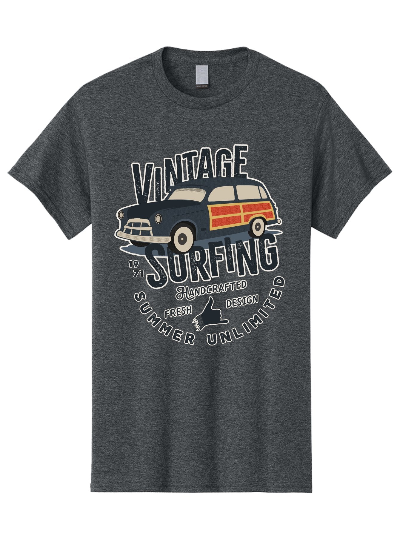 Vintage-Surfing-2 Men'S Graphic Tee, 100% Cotton, Comfortable Casual Summer Wear, Machine Washable, Vintage Surf Car, Surf Culture, Summer Vibes, Retro Design, Handmade Graphics, Shaka Sign, Coastal Style, Surf-Inspired Art, Nostalgic Feel, Aab960 5