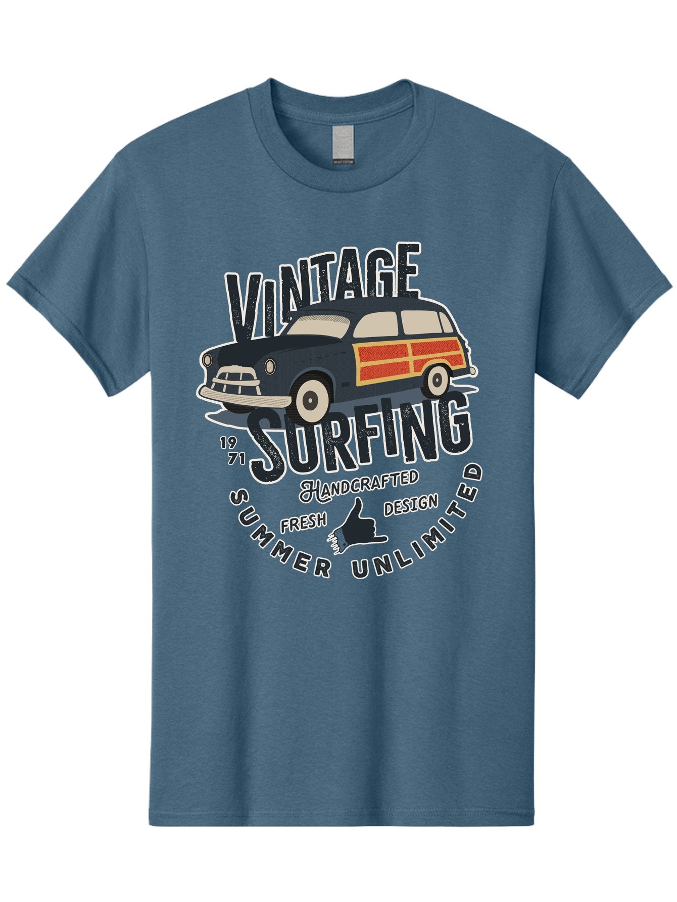 Vintage-Surfing-2 Men'S Graphic Tee, 100% Cotton, Comfortable Casual Summer Wear, Machine Washable, Vintage Surf Car, Surf Culture, Summer Vibes, Retro Design, Handmade Graphics, Shaka Sign, Coastal Style, Surf-Inspired Art, Nostalgic Feel, Aab960 12