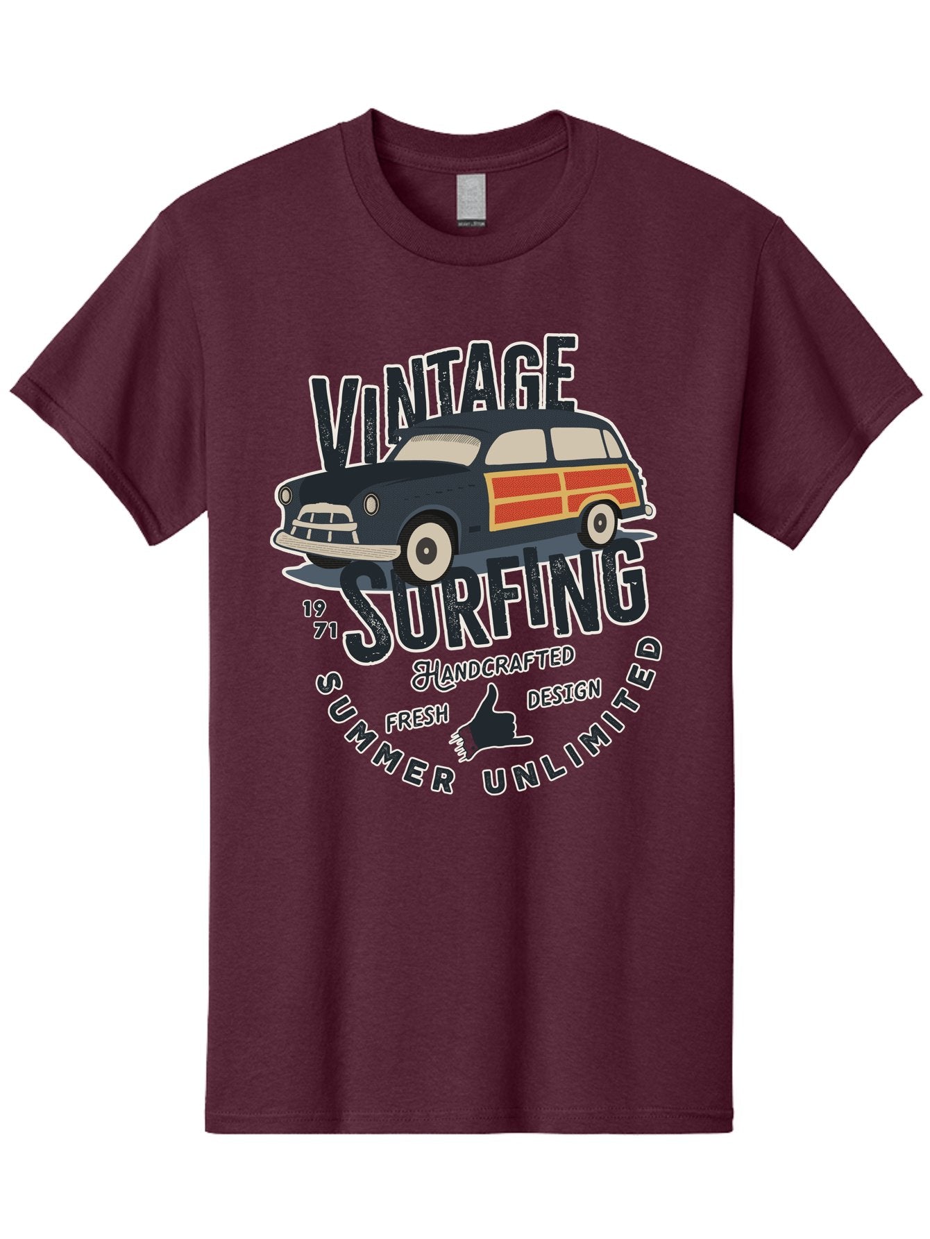 Vintage-Surfing-2 Men'S Graphic Tee, 100% Cotton, Comfortable Casual Summer Wear, Machine Washable, Vintage Surf Car, Surf Culture, Summer Vibes, Retro Design, Handmade Graphics, Shaka Sign, Coastal Style, Surf-Inspired Art, Nostalgic Feel, Aab960 14