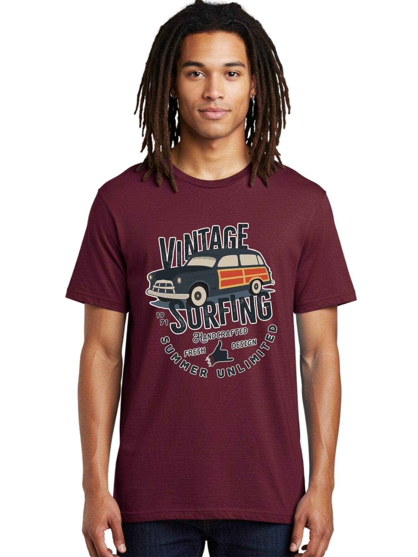 Vintage-Surfing-2 Men'S Graphic Tee, 100% Cotton, Comfortable Casual Summer Wear, Machine Washable, Vintage Surf Car, Surf Culture, Summer Vibes, Retro Design, Handmade Graphics, Shaka Sign, Coastal Style, Surf-Inspired Art, Nostalgic Feel, Aab960 29