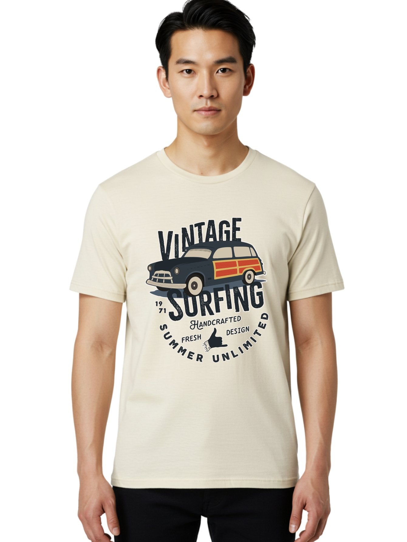 Vintage-Surfing-2 Men'S Graphic Tee, 100% Cotton, Comfortable Casual Summer Wear, Machine Washable, Vintage Surf Car, Surf Culture, Summer Vibes, Retro Design, Handmade Graphics, Shaka Sign, Coastal Style, Surf-Inspired Art, Nostalgic Feel, Aab960 16
