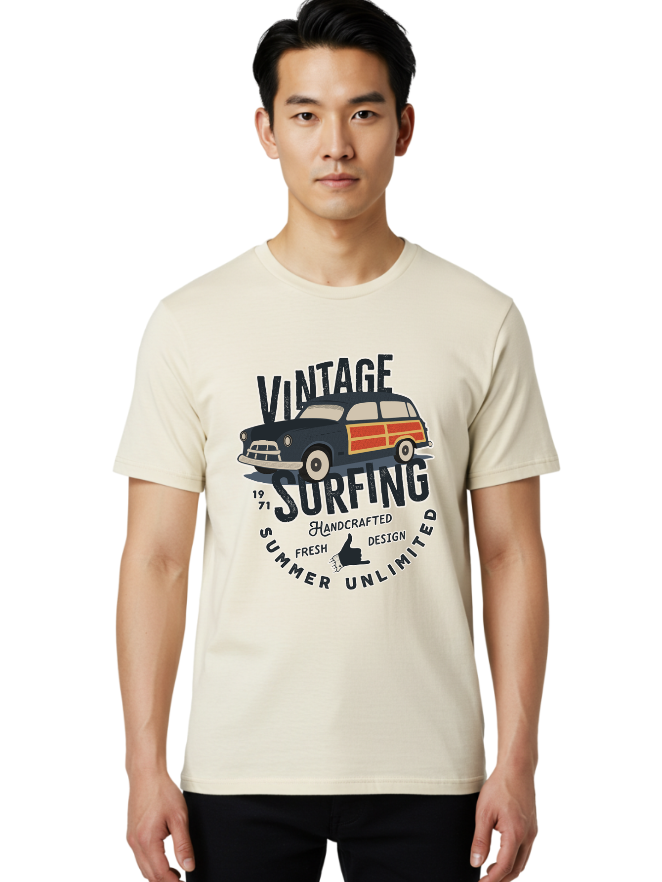 Vintage-Surfing-2 Men'S Graphic Tee, 100% Cotton, Comfortable Casual Summer Wear, Machine Washable, Vintage Surf Car, Surf Culture, Summer Vibes, Retro Design, Handmade Graphics, Shaka Sign, Coastal Style, Surf-Inspired Art, Nostalgic Feel, Aab960 26