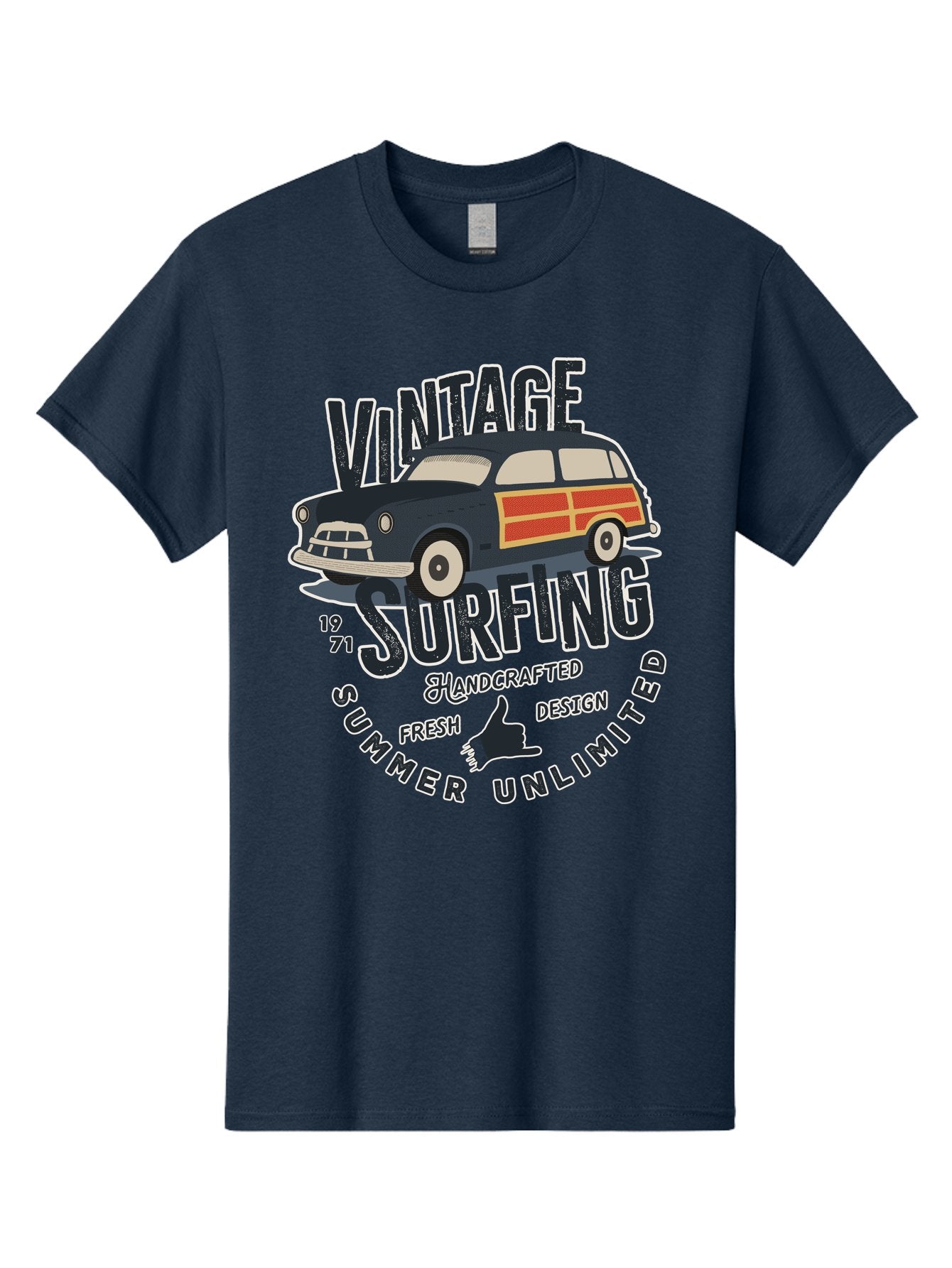 Vintage-Surfing-2 Men'S Graphic Tee, 100% Cotton, Comfortable Casual Summer Wear, Machine Washable, Vintage Surf Car, Surf Culture, Summer Vibes, Retro Design, Handmade Graphics, Shaka Sign, Coastal Style, Surf-Inspired Art, Nostalgic Feel, Aab960 15