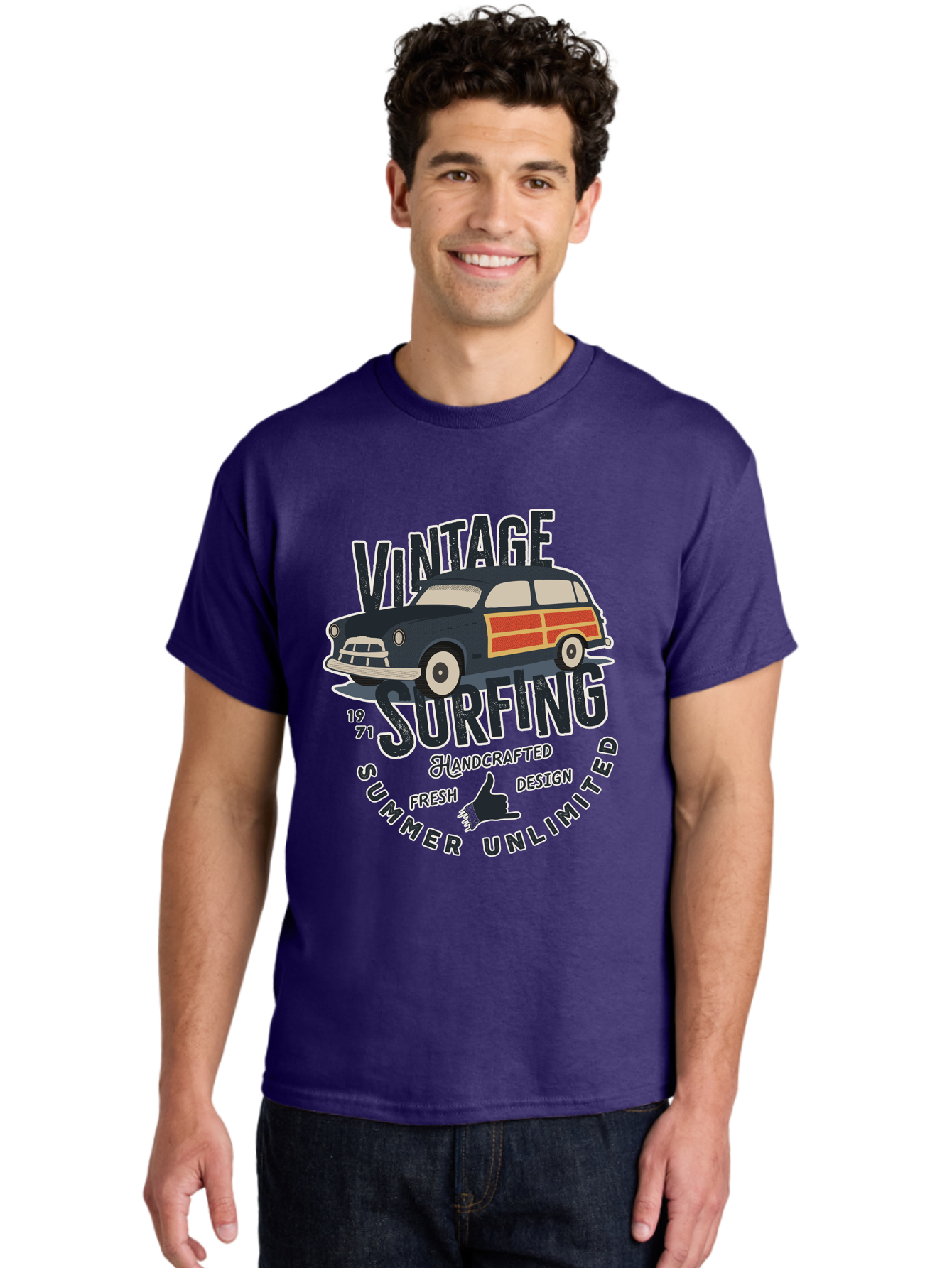Vintage-Surfing-2 Men'S Graphic Tee, 100% Cotton, Comfortable Casual Summer Wear, Machine Washable, Vintage Surf Car, Surf Culture, Summer Vibes, Retro Design, Handmade Graphics, Shaka Sign, Coastal Style, Surf-Inspired Art, Nostalgic Feel, Aab960 12