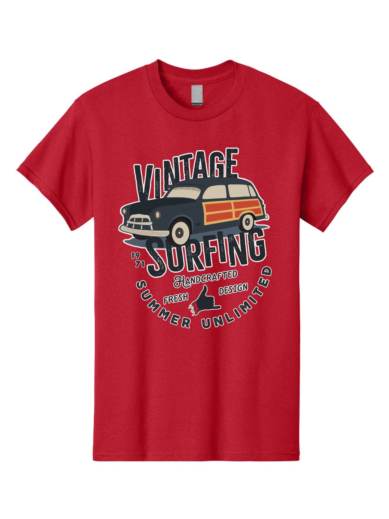 Vintage-Surfing-2 Men'S Graphic Tee, 100% Cotton, Comfortable Casual Summer Wear, Machine Washable, Vintage Surf Car, Surf Culture, Summer Vibes, Retro Design, Handmade Graphics, Shaka Sign, Coastal Style, Surf-Inspired Art, Nostalgic Feel, Aab960 3
