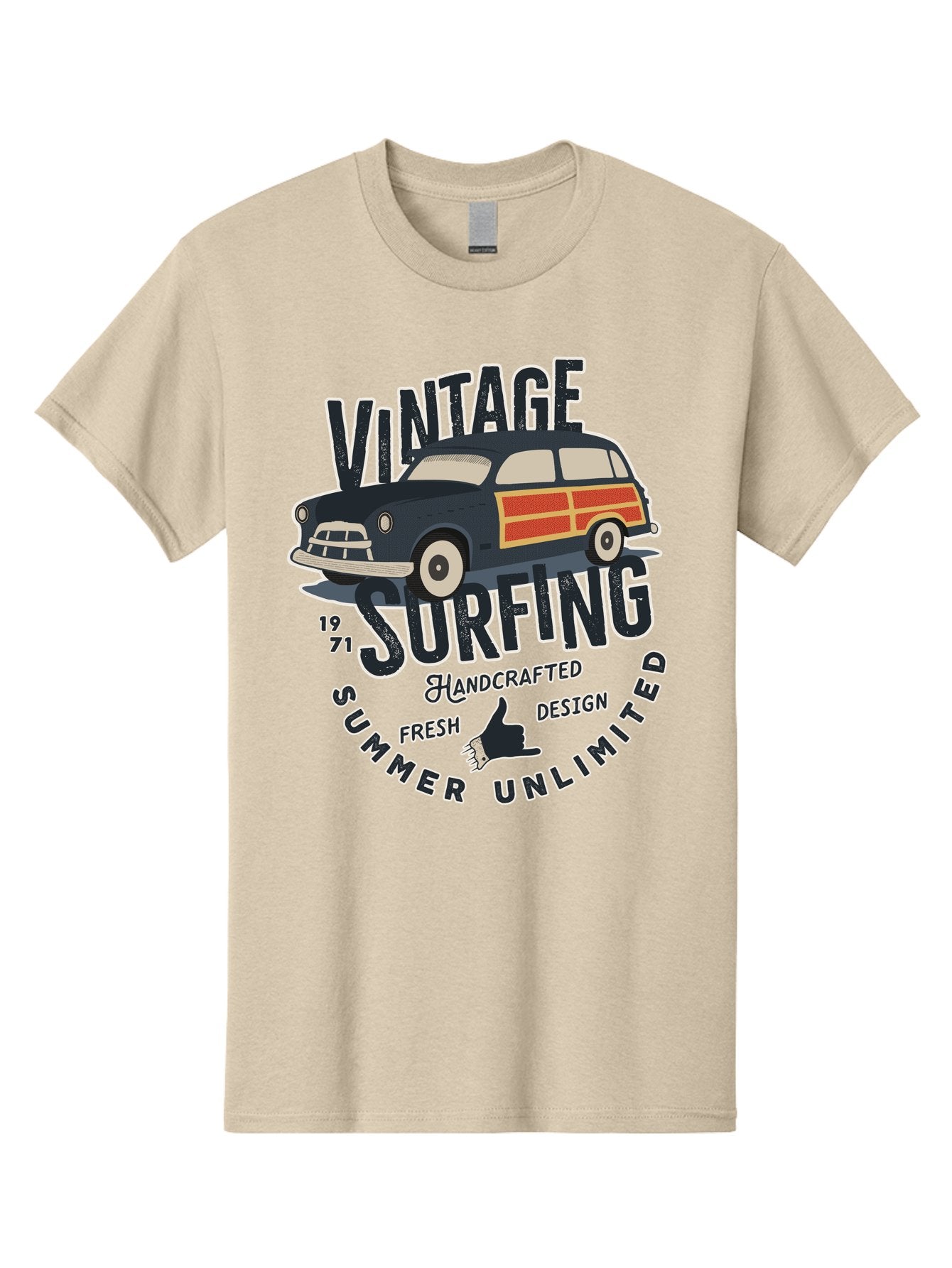 Vintage-Surfing-2 Men'S Graphic Tee, 100% Cotton, Comfortable Casual Summer Wear, Machine Washable, Vintage Surf Car, Surf Culture, Summer Vibes, Retro Design, Handmade Graphics, Shaka Sign, Coastal Style, Surf-Inspired Art, Nostalgic Feel, Aab960 4