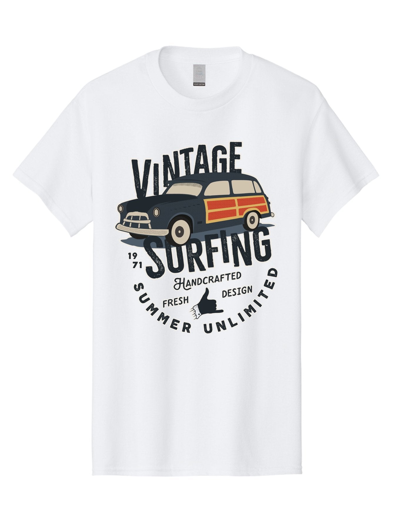 Vintage-Surfing-2 Men'S Graphic Tee, 100% Cotton, Comfortable Casual Summer Wear, Machine Washable, Vintage Surf Car, Surf Culture, Summer Vibes, Retro Design, Handmade Graphics, Shaka Sign, Coastal Style, Surf-Inspired Art, Nostalgic Feel, Aab960