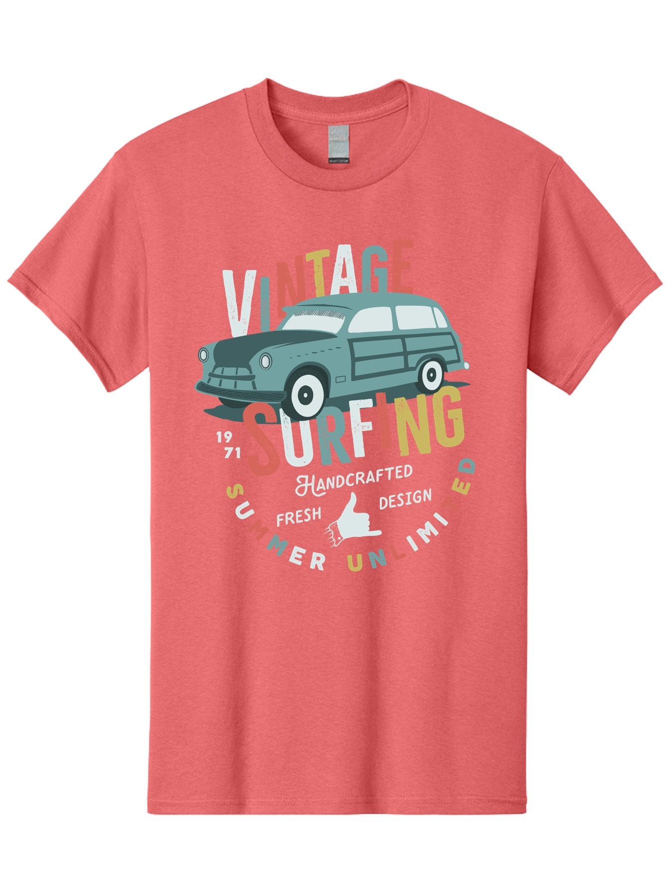 Vintage-Surfing Men'S Graphic Tee, 100% Cotton, Comfortable Casual Summer Wear, Machine Washable, Vintage Car, Surfing Culture, Handcrafted Design, Summer Vibes, Retro Style, Fresh Design, Thumbs Up, 1971, Unlimited Summer, Nostalgic Feel, Aab961 12