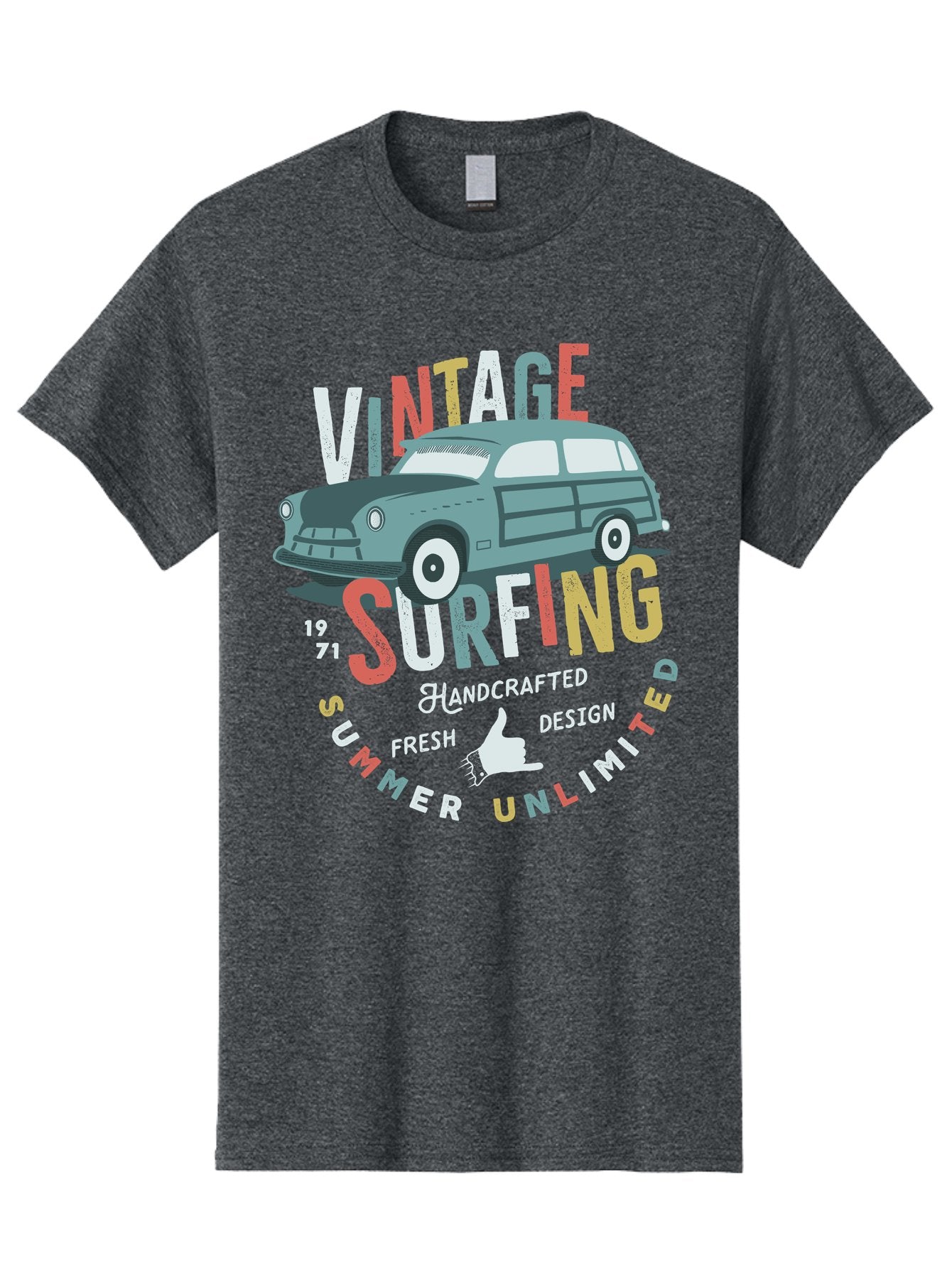 Vintage-Surfing Men'S Graphic Tee, 100% Cotton, Comfortable Casual Summer Wear, Machine Washable, Vintage Car, Surfing Culture, Handcrafted Design, Summer Vibes, Retro Style, Fresh Design, Thumbs Up, 1971, Unlimited Summer, Nostalgic Feel, Aab961 5