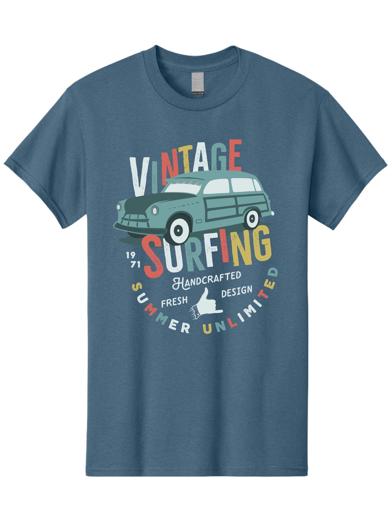 Vintage-Surfing Men'S Graphic Tee, 100% Cotton, Comfortable Casual Summer Wear, Machine Washable, Vintage Car, Surfing Culture, Handcrafted Design, Summer Vibes, Retro Style, Fresh Design, Thumbs Up, 1971, Unlimited Summer, Nostalgic Feel, Aab961 6