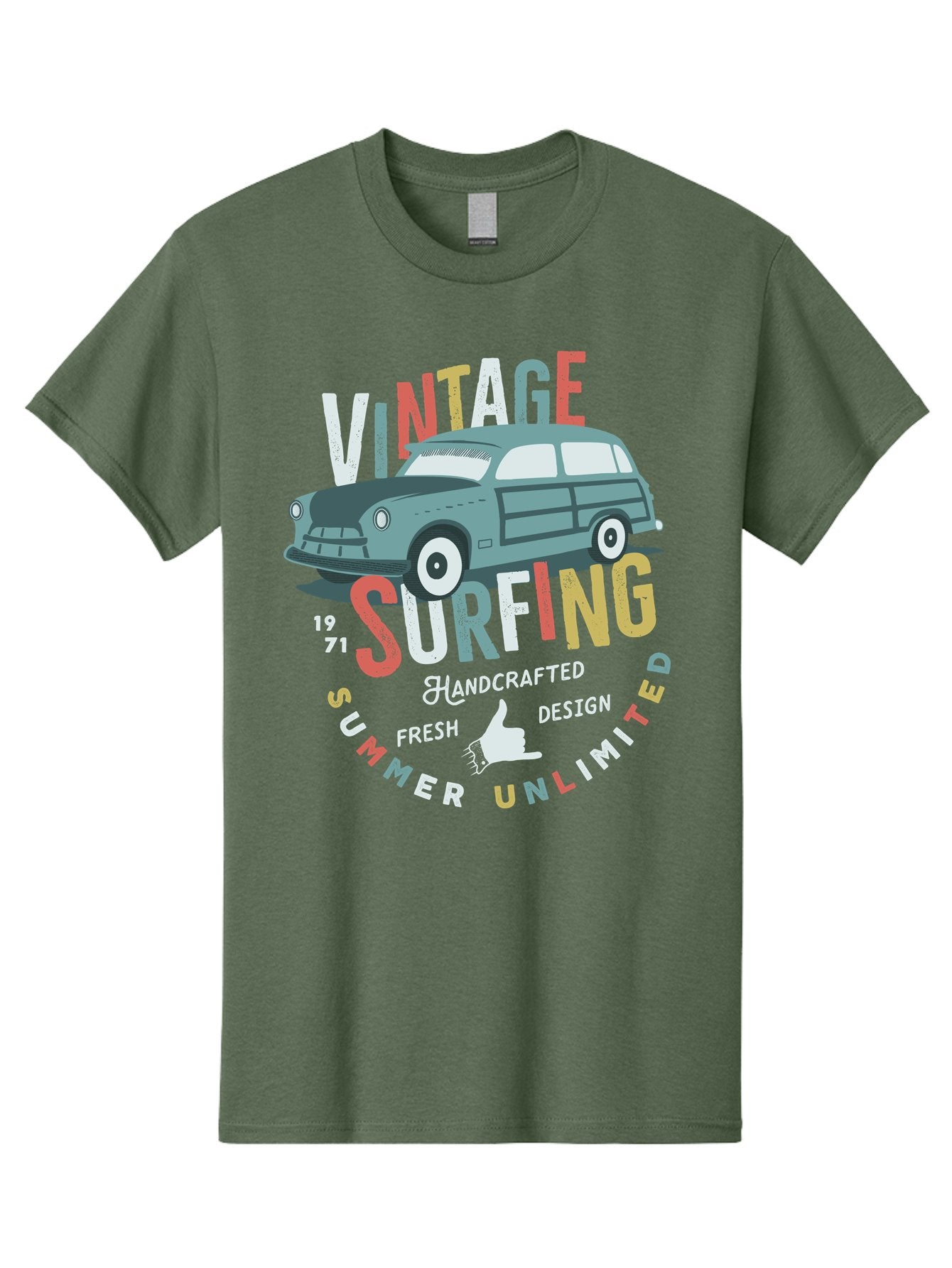 Vintage-Surfing Men'S Graphic Tee, 100% Cotton, Comfortable Casual Summer Wear, Machine Washable, Vintage Car, Surfing Culture, Handcrafted Design, Summer Vibes, Retro Style, Fresh Design, Thumbs Up, 1971, Unlimited Summer, Nostalgic Feel, Aab961 7