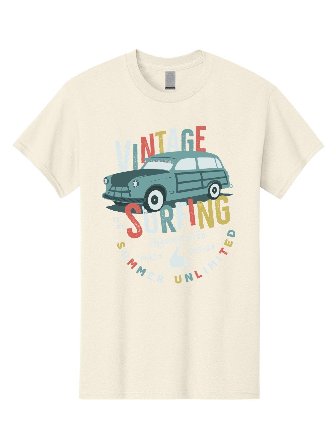 Vintage-Surfing Men'S Graphic Tee, 100% Cotton, Comfortable Casual Summer Wear, Machine Washable, Vintage Car, Surfing Culture, Handcrafted Design, Summer Vibes, Retro Style, Fresh Design, Thumbs Up, 1971, Unlimited Summer, Nostalgic Feel, Aab961 9