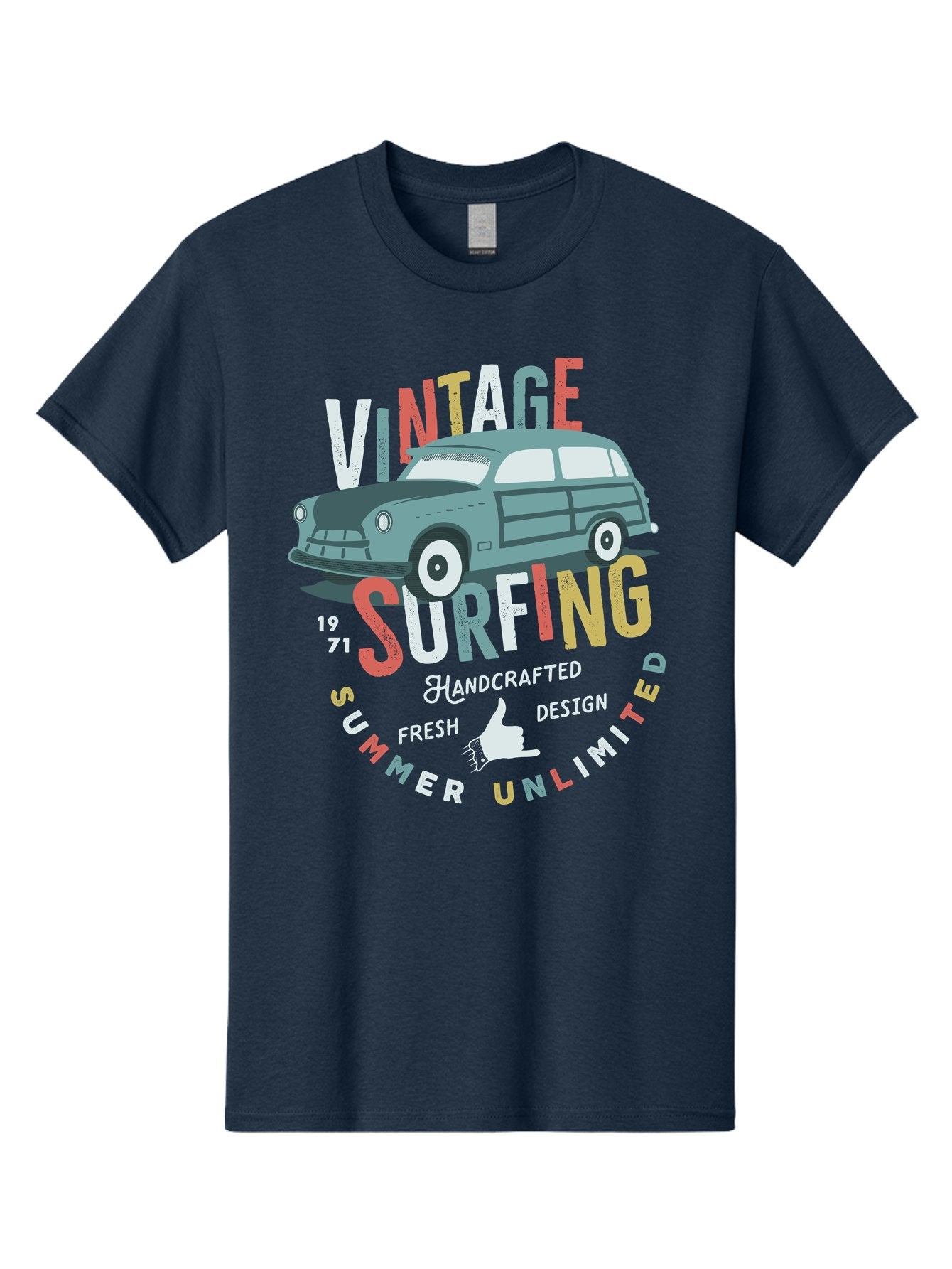 Vintage-Surfing Men'S Graphic Tee, 100% Cotton, Comfortable Casual Summer Wear, Machine Washable, Vintage Car, Surfing Culture, Handcrafted Design, Summer Vibes, Retro Style, Fresh Design, Thumbs Up, 1971, Unlimited Summer, Nostalgic Feel, Aab961 3
