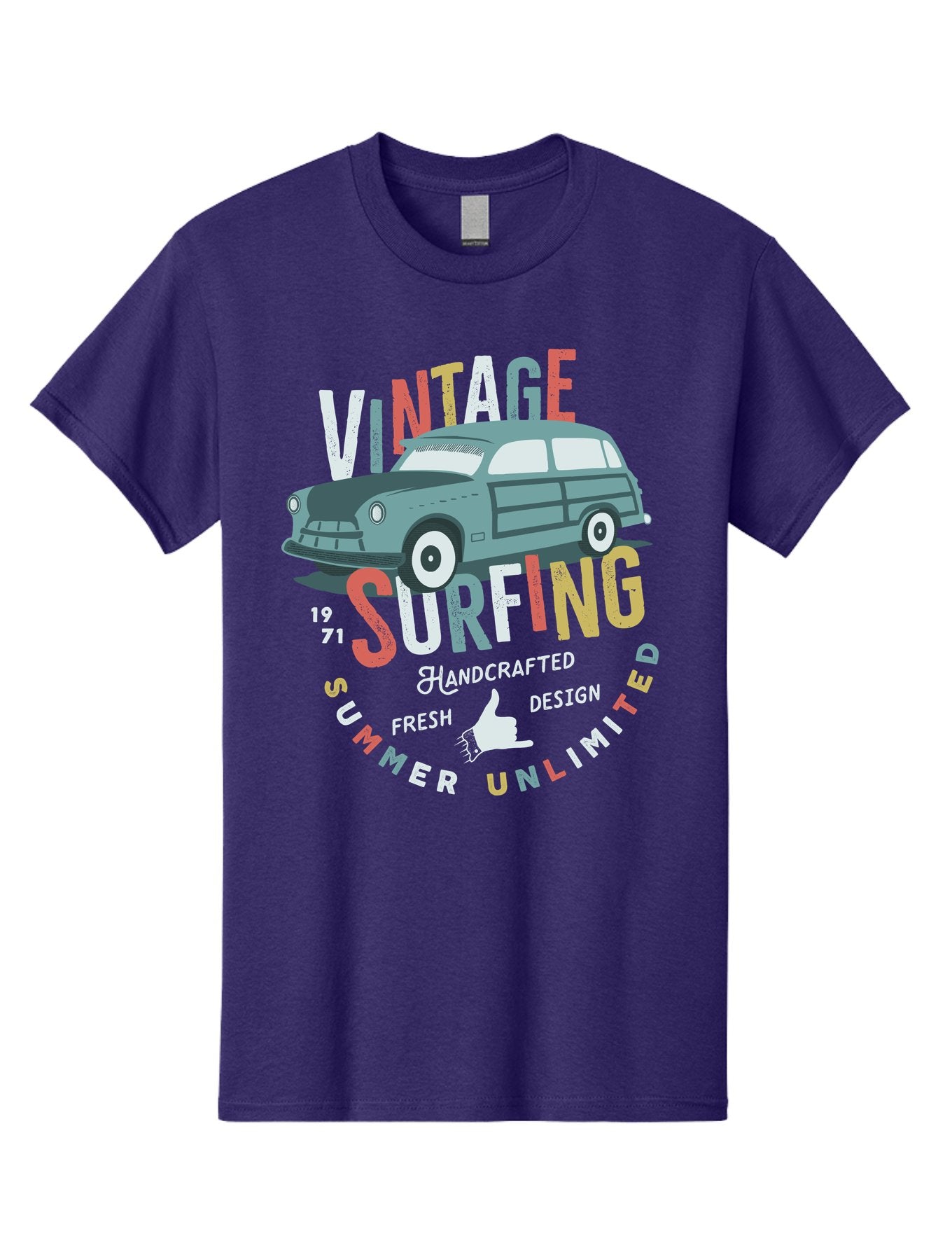 Vintage-Surfing Men'S Graphic Tee, 100% Cotton, Comfortable Casual Summer Wear, Machine Washable, Vintage Car, Surfing Culture, Handcrafted Design, Summer Vibes, Retro Style, Fresh Design, Thumbs Up, 1971, Unlimited Summer, Nostalgic Feel, Aab961 4