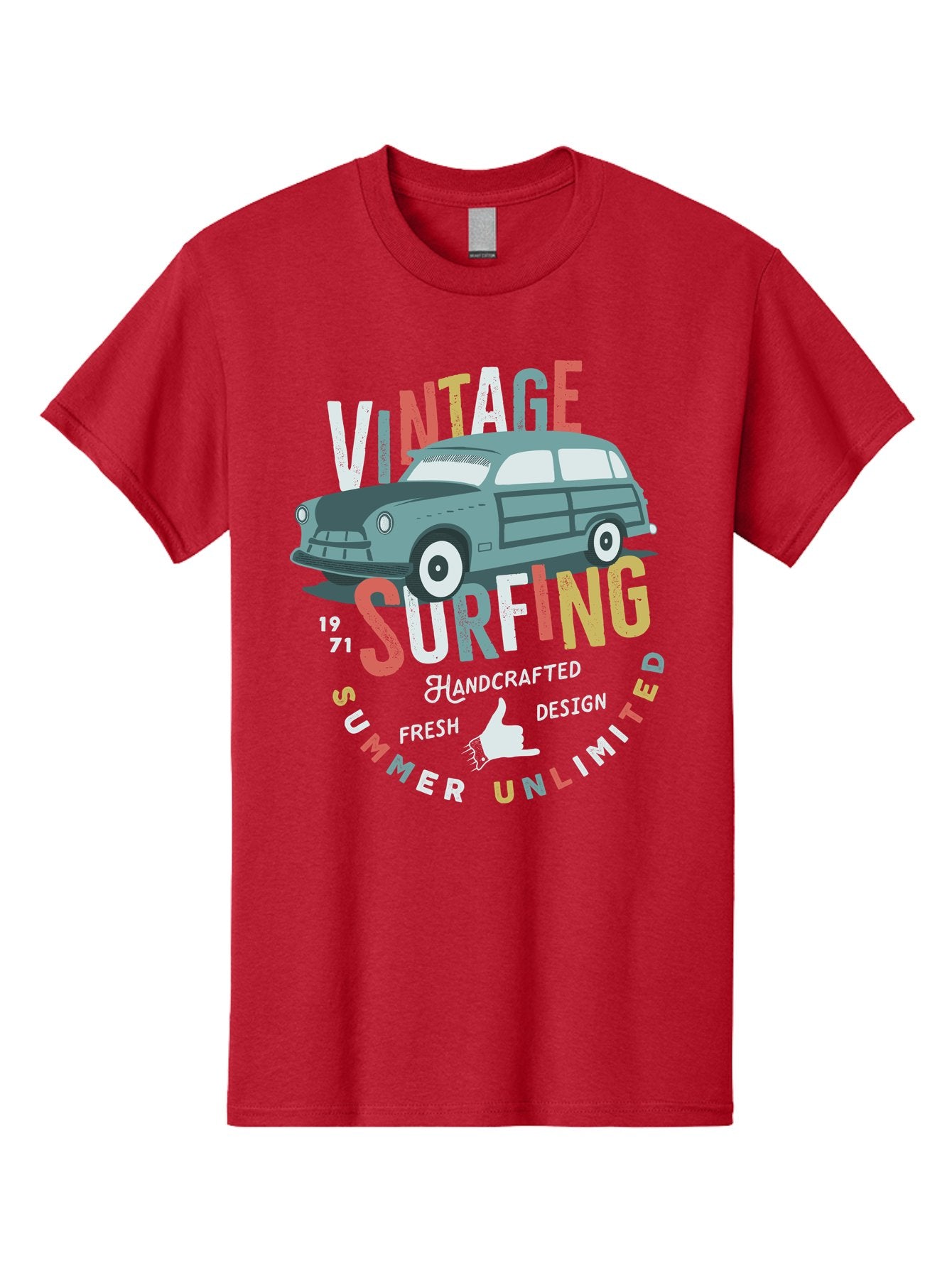 Vintage-Surfing Men'S Graphic Tee, 100% Cotton, Comfortable Casual Summer Wear, Machine Washable, Vintage Car, Surfing Culture, Handcrafted Design, Summer Vibes, Retro Style, Fresh Design, Thumbs Up, 1971, Unlimited Summer, Nostalgic Feel, Aab961 13