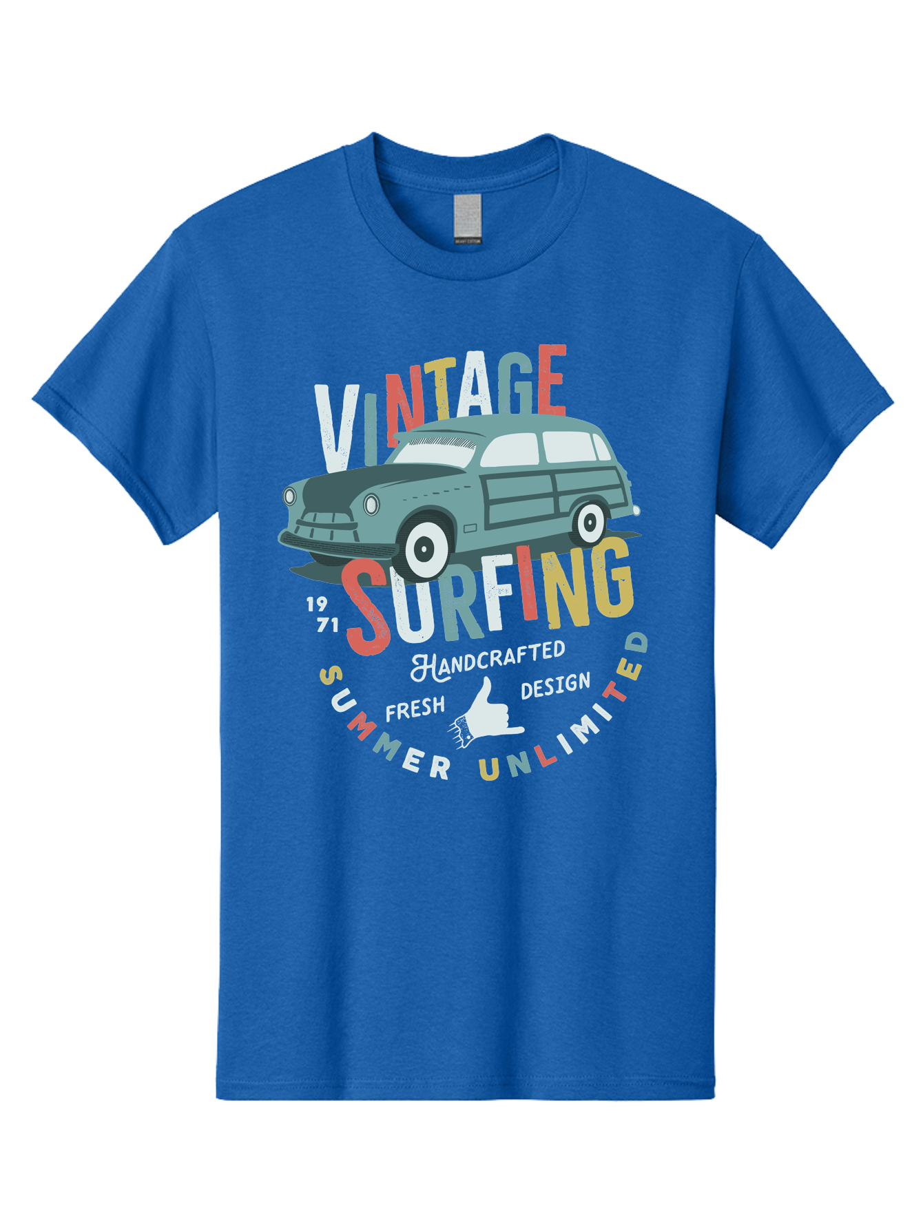 Vintage-Surfing Men'S Graphic Tee, 100% Cotton, Comfortable Casual Summer Wear, Machine Washable, Vintage Car, Surfing Culture, Handcrafted Design, Summer Vibes, Retro Style, Fresh Design, Thumbs Up, 1971, Unlimited Summer, Nostalgic Feel, Aab961 27