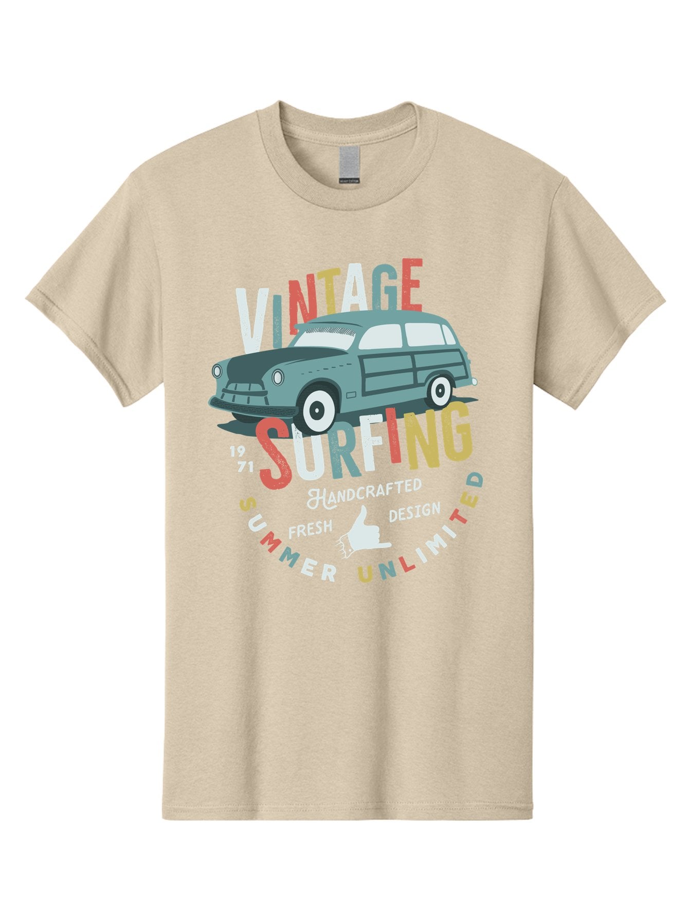 Vintage-Surfing Men'S Graphic Tee, 100% Cotton, Comfortable Casual Summer Wear, Machine Washable, Vintage Car, Surfing Culture, Handcrafted Design, Summer Vibes, Retro Style, Fresh Design, Thumbs Up, 1971, Unlimited Summer, Nostalgic Feel, Aab961 11