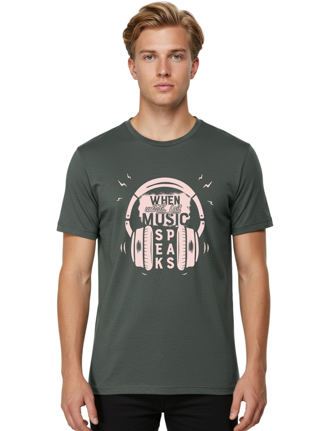 When-Words-Fail-Music-Speaks-Headphones Men'S Graphic Tee, 100% Cotton, Comfortable Casual Summer Wear, Machine Washable, Music Speaks, Inspiring Quotes, Headphone Design, Motivational Phrases, Music Inspiration, Words Of Wisdom, Aab962 25