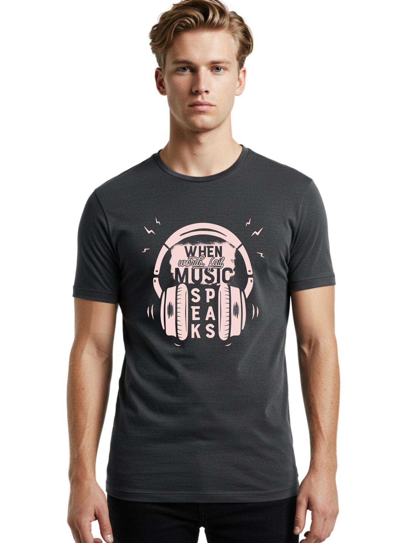 When-Words-Fail-Music-Speaks-Headphones Men'S Graphic Tee, 100% Cotton, Comfortable Casual Summer Wear, Machine Washable, Music Speaks, Inspiring Quotes, Headphone Design, Motivational Phrases, Music Inspiration, Words Of Wisdom, Aab962 21