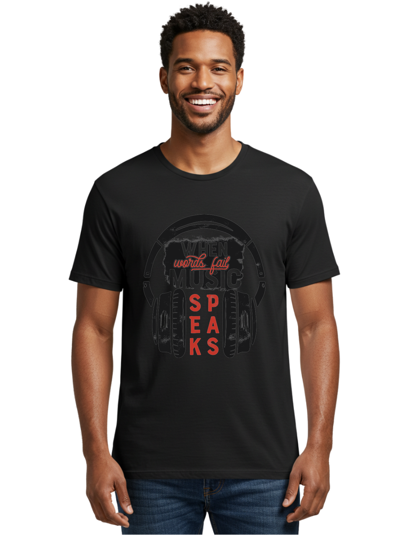 When-Words-Fail-Music-Speaks Men'S Graphic Tee, 100% Cotton, Comfortable Casual Summer Wear, Machine Washable, Inspirational Quote, Music Lover, Headphone Illustration, Motivational Phrase, Music Speaks, Words Fail, Sound Waves, Music Art Aab963 14