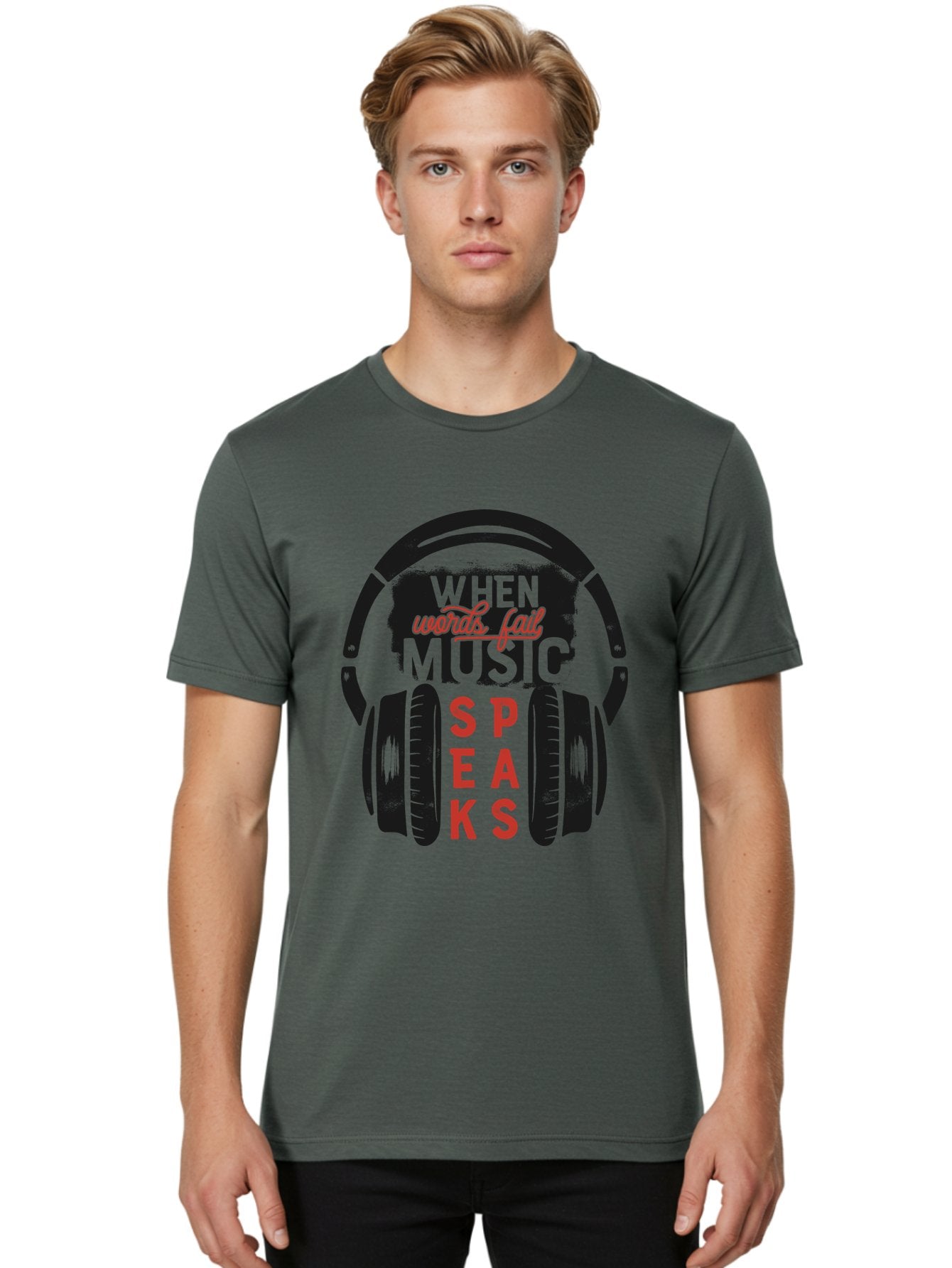 When-Words-Fail-Music-Speaks Men'S Graphic Tee, 100% Cotton, Comfortable Casual Summer Wear, Machine Washable, Inspirational Quote, Music Lover, Headphone Illustration, Motivational Phrase, Music Speaks, Words Fail, Sound Waves, Music Art Aab963 22