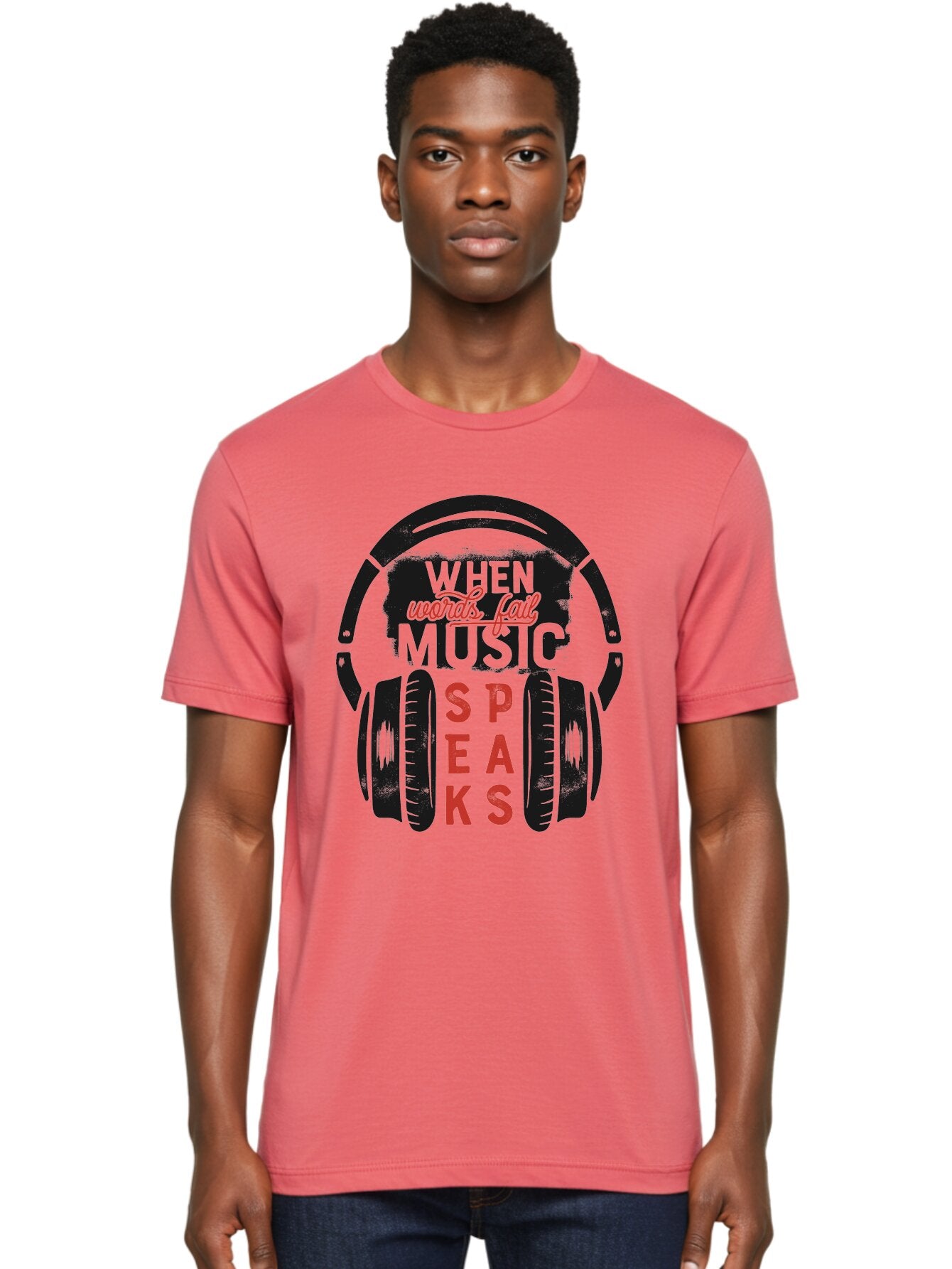 When-Words-Fail-Music-Speaks Men'S Graphic Tee, 100% Cotton, Comfortable Casual Summer Wear, Machine Washable, Inspirational Quote, Music Lover, Headphone Illustration, Motivational Phrase, Music Speaks, Words Fail, Sound Waves, Music Art Aab963 19