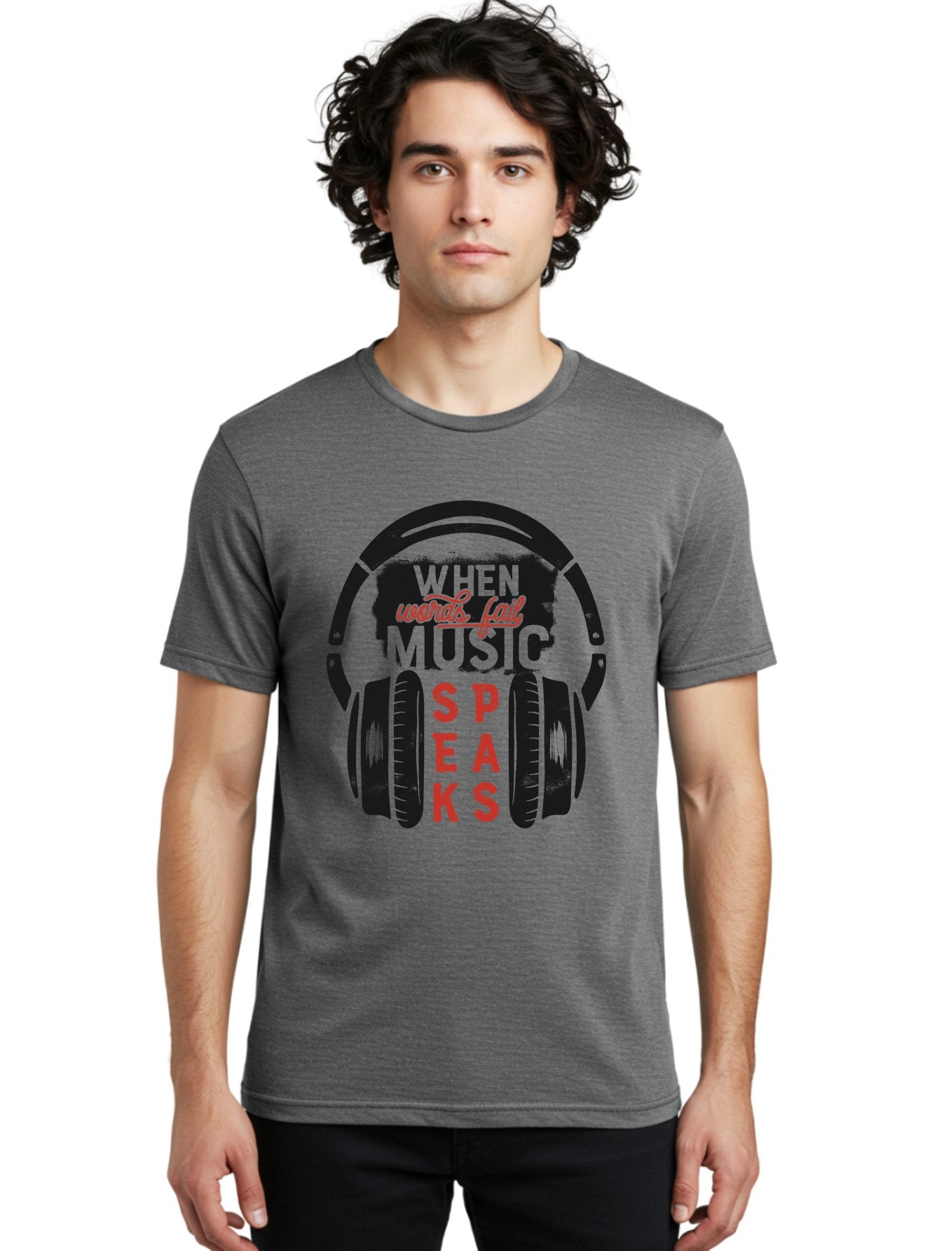 When-Words-Fail-Music-Speaks Men'S Graphic Tee, 100% Cotton, Comfortable Casual Summer Wear, Machine Washable, Inspirational Quote, Music Lover, Headphone Illustration, Motivational Phrase, Music Speaks, Words Fail, Sound Waves, Music Art Aab963 26