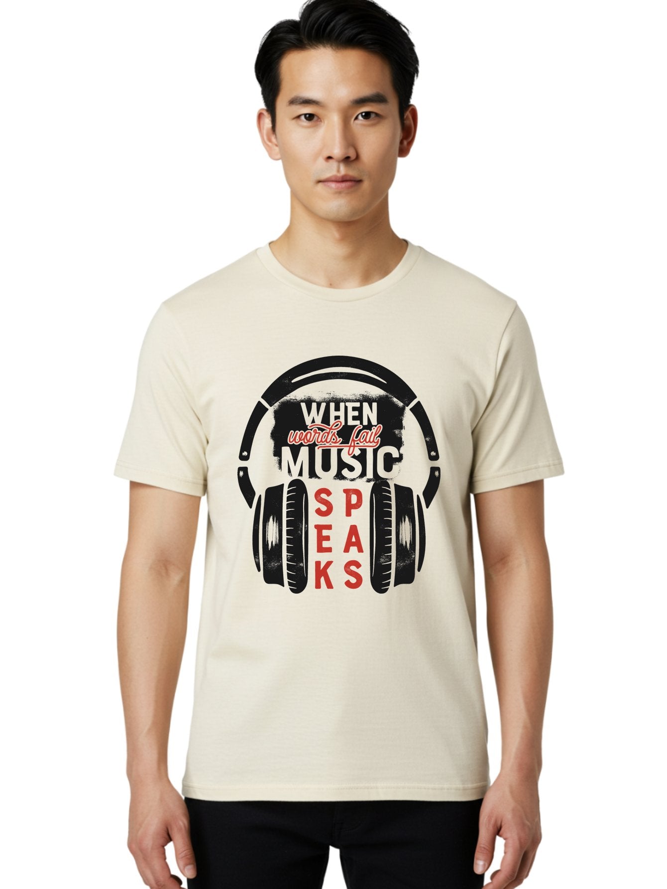 When-Words-Fail-Music-Speaks Men'S Graphic Tee, 100% Cotton, Comfortable Casual Summer Wear, Machine Washable, Inspirational Quote, Music Lover, Headphone Illustration, Motivational Phrase, Music Speaks, Words Fail, Sound Waves, Music Art Aab963 27