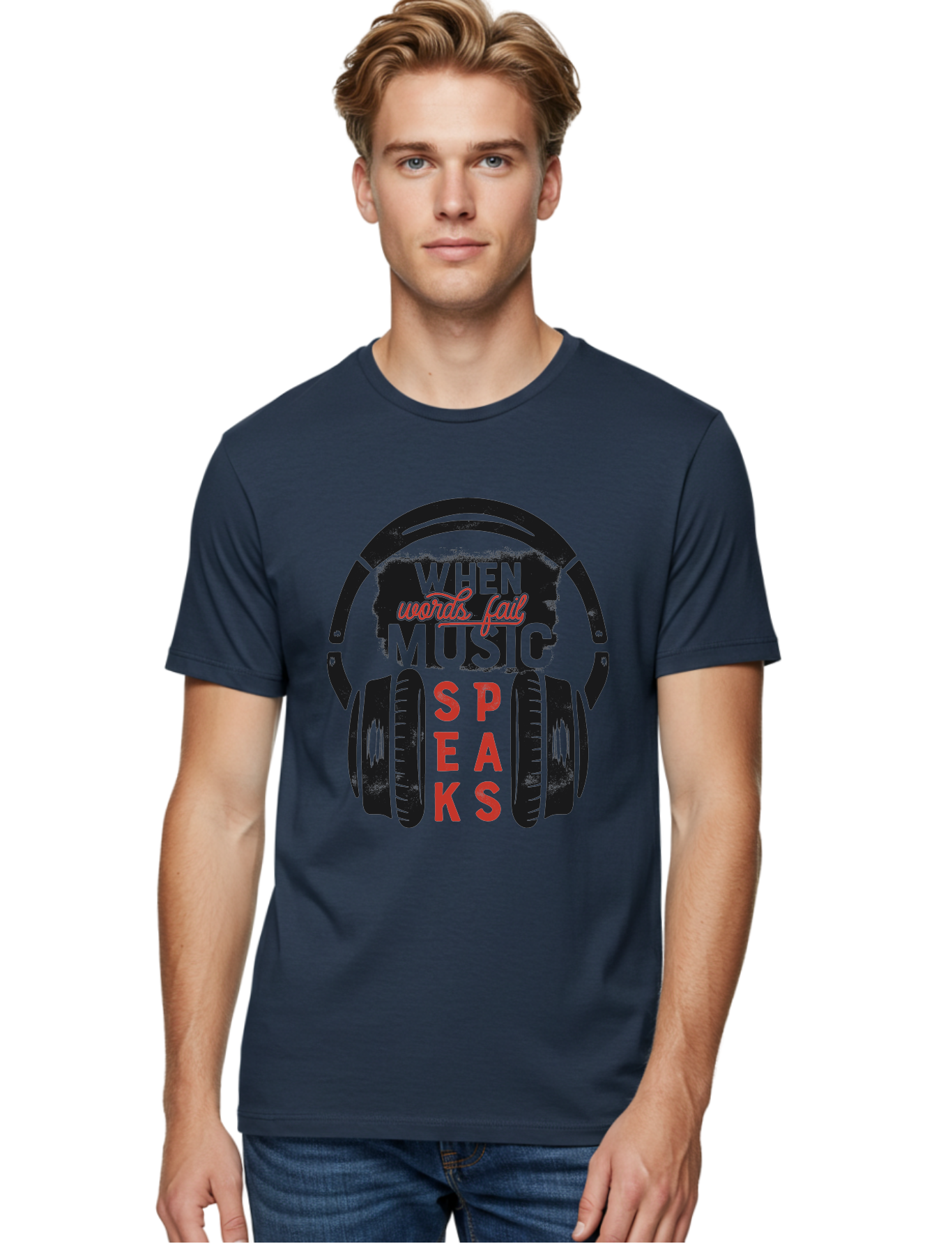 When-Words-Fail-Music-Speaks Men'S Graphic Tee, 100% Cotton, Comfortable Casual Summer Wear, Machine Washable, Inspirational Quote, Music Lover, Headphone Illustration, Motivational Phrase, Music Speaks, Words Fail, Sound Waves, Music Art Aab963 26