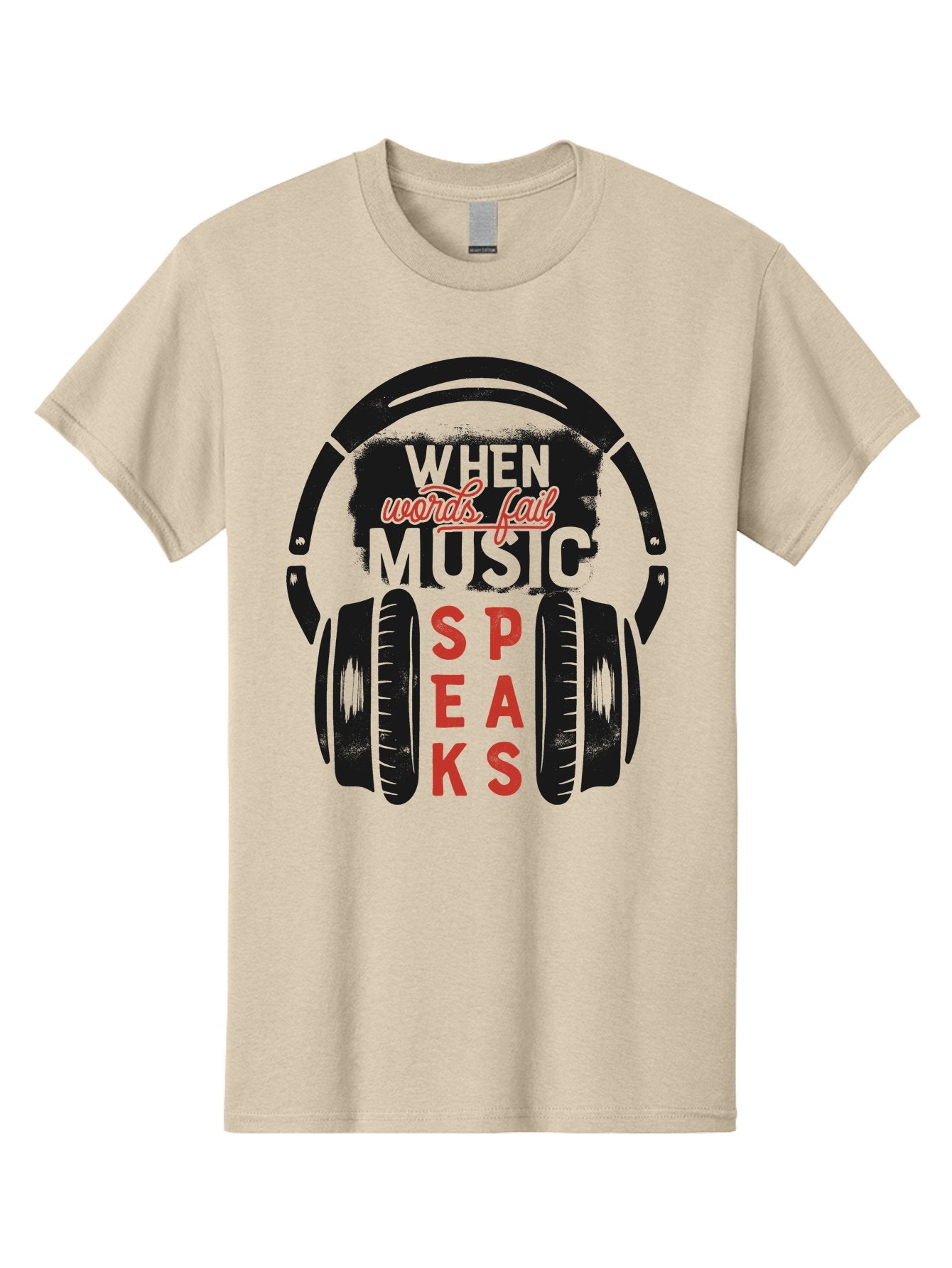 When-Words-Fail-Music-Speaks Men'S Graphic Tee, 100% Cotton, Comfortable Casual Summer Wear, Machine Washable, Inspirational Quote, Music Lover, Headphone Illustration, Motivational Phrase, Music Speaks, Words Fail, Sound Waves, Music Art Aab963 12