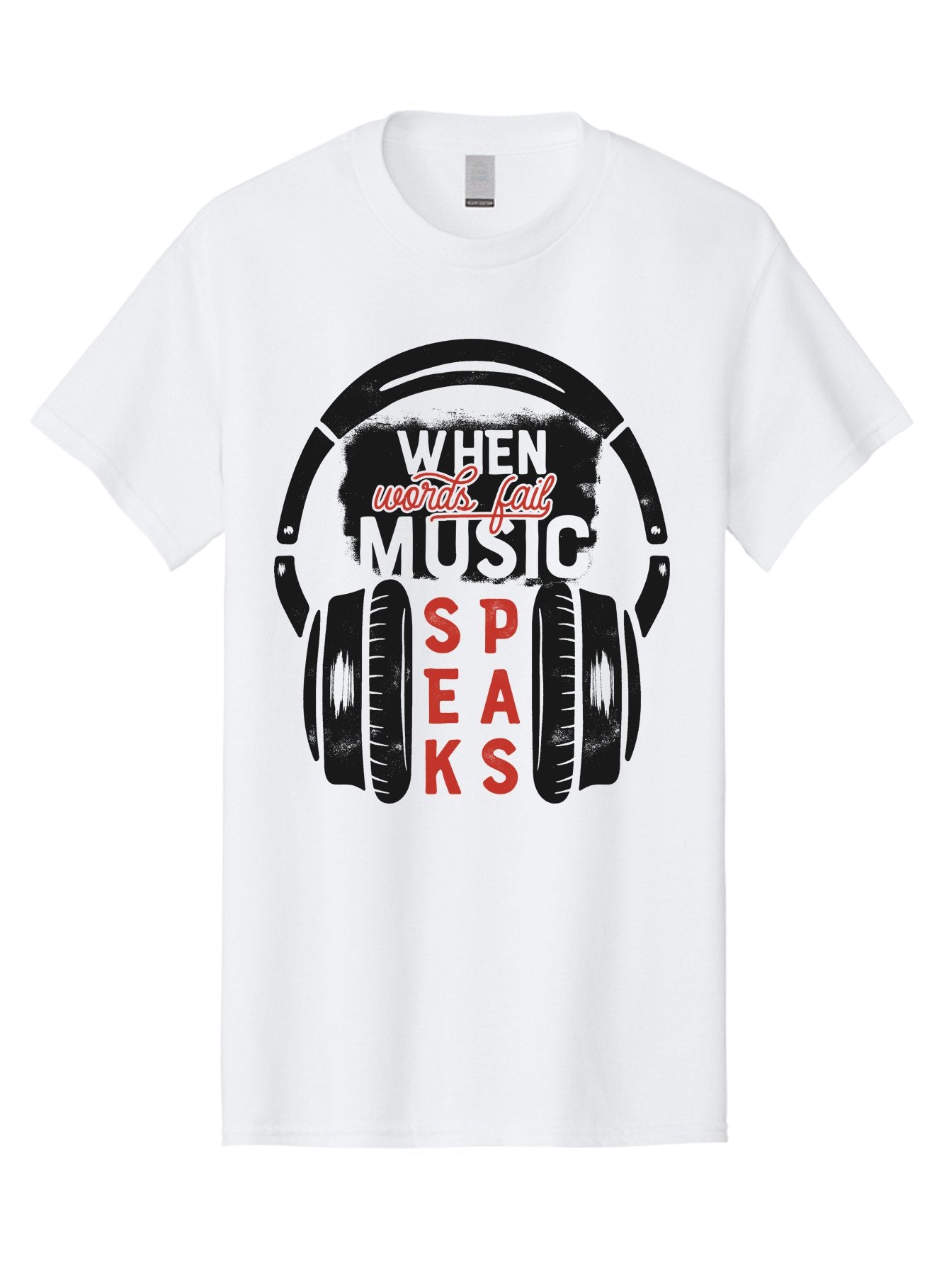 When-Words-Fail-Music-Speaks Men'S Graphic Tee, 100% Cotton, Comfortable Casual Summer Wear, Machine Washable, Inspirational Quote, Music Lover, Headphone Illustration, Motivational Phrase, Music Speaks, Words Fail, Sound Waves, Music Art Aab963 10