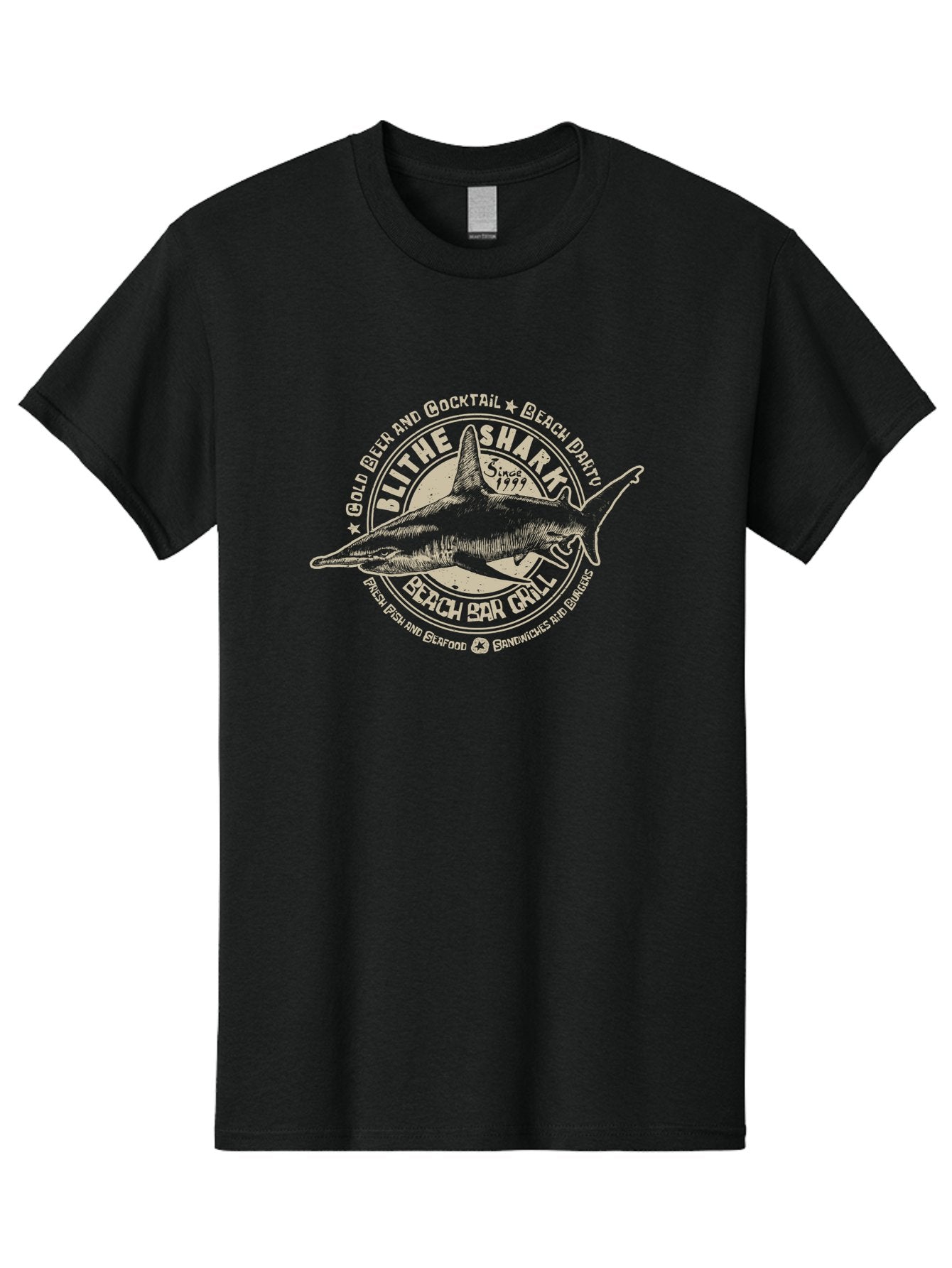 Blithe-Shark Men'S Graphic Tee, 100% Cotton, Comfortable Casual Summer Wear, Machine Washable, Beach Bar Grill, Seafood Restaurant, Cold Beer, Cocktails, Beach Party, Fresh Fish, Sandwiches, Burgers, Casual Dining, Blithe Shark, Beach Food Aab966