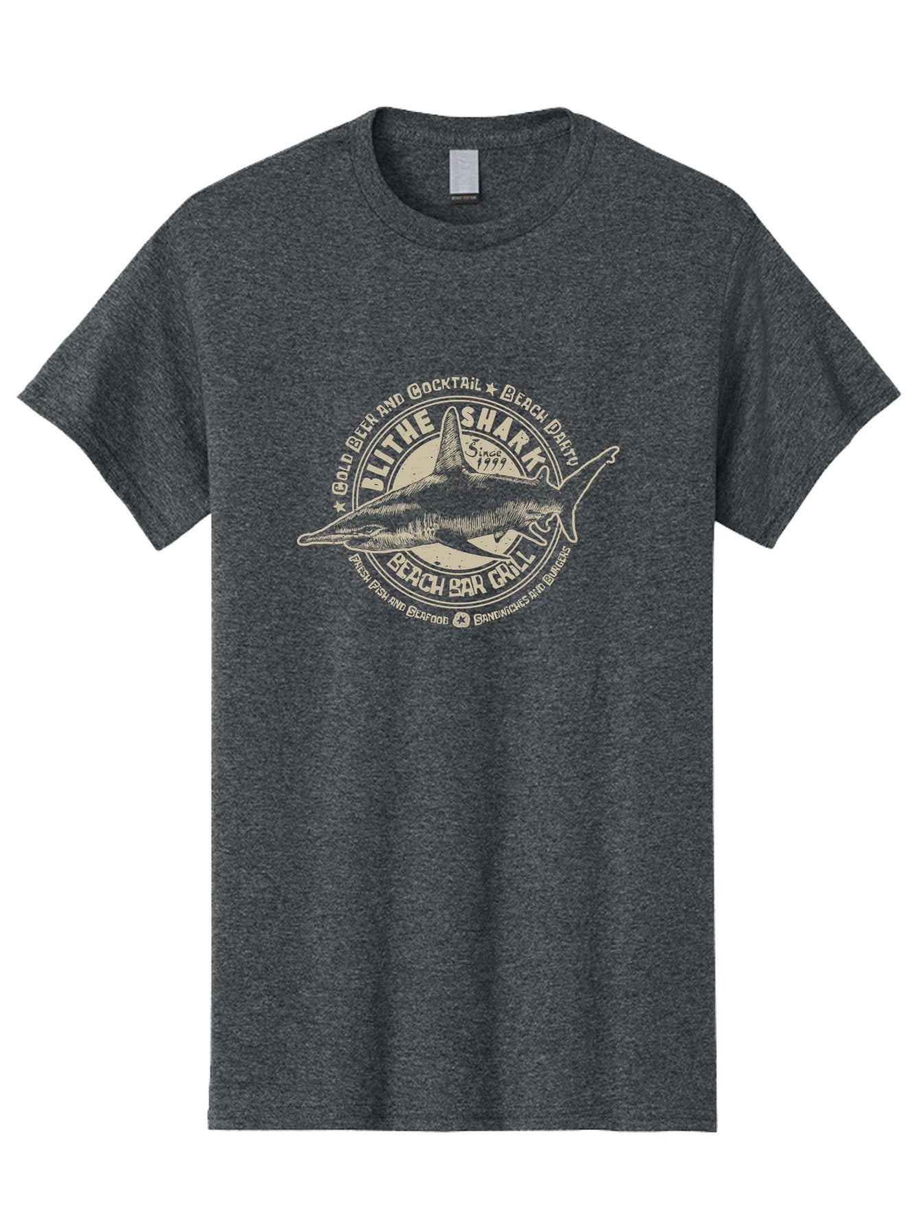 Blithe-Shark Men'S Graphic Tee, 100% Cotton, Comfortable Casual Summer Wear, Machine Washable, Beach Bar Grill, Seafood Restaurant, Cold Beer, Cocktails, Beach Party, Fresh Fish, Sandwiches, Burgers, Casual Dining, Blithe Shark, Beach Food Aab966