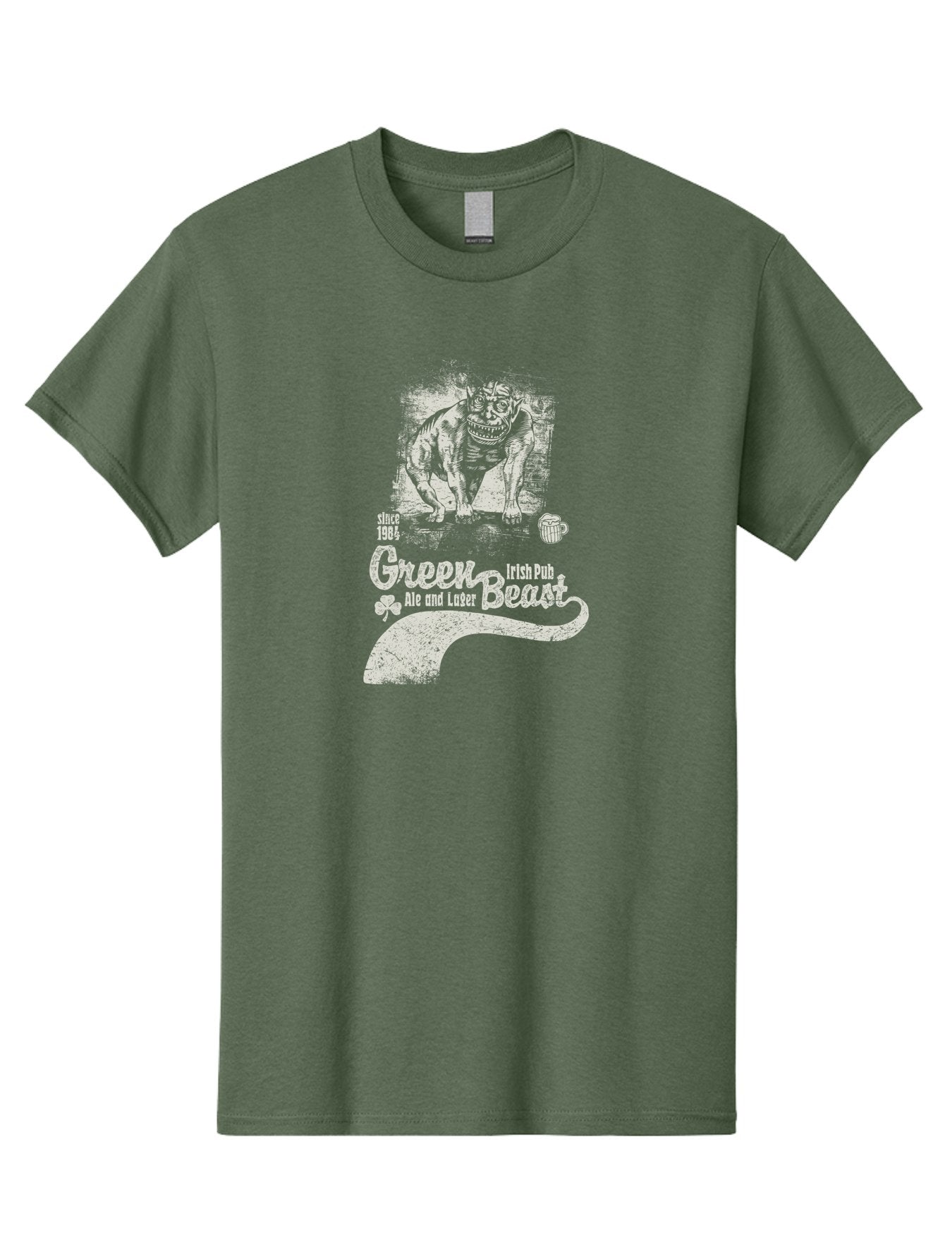 Green-Beast-Irish-Pub Men'S Graphic Tee, 100% Cotton, Comfortable Casual Summer Wear, Machine Washable, Irish Pub, Monster Drawing, Ale And Lager, Beer Mug, Since 1984, Four-Leaf Clover, Bar Signage, Pub Decor, Irish Heritage Aab969 4