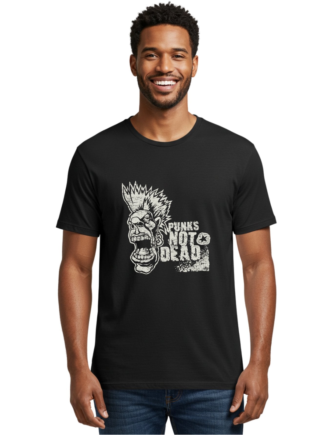 Punks-Not-Dead Men'S Graphic Tee, 100% Cotton, Comfortable Casual Summer Wear, Machine Washable, Punk Rock Illustration, Mohawk Hairstyle, Screaming Face, Punk Not Dead Slogan, Bold Typography, Punk Rebellion, Grunge Aesthetic, Aab970 27