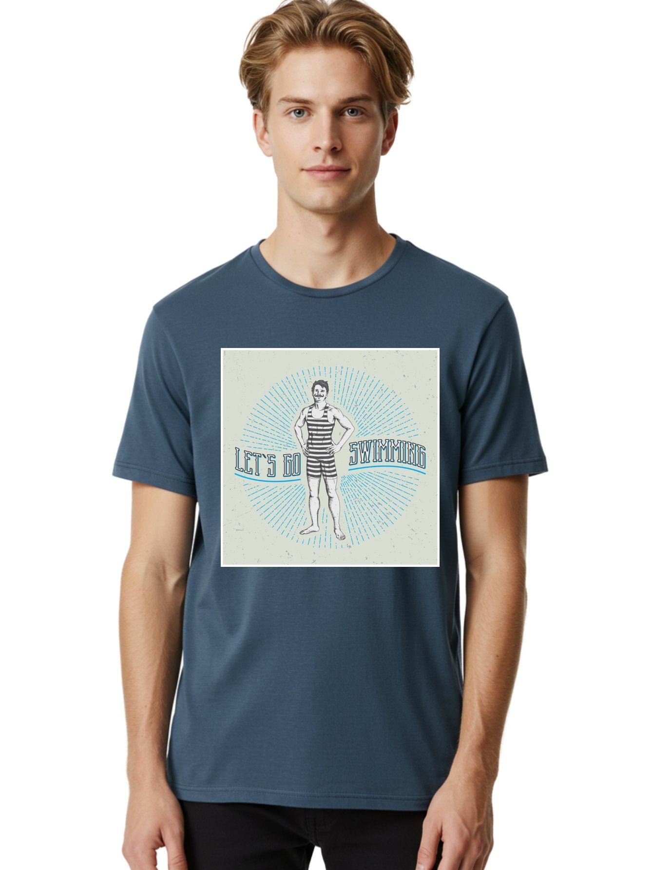 Let-S-Go-Swimming Men'S Graphic Tee, 100% Cotton, Comfortable Casual Summer Wear, Machine Washable, Vintage Swimmer, Retro Style, Black And White Stripes, Swimming Costume, Aquatic Activities, Water Sports, Nostalgic Design, Classic Swimwear, Aab973 17