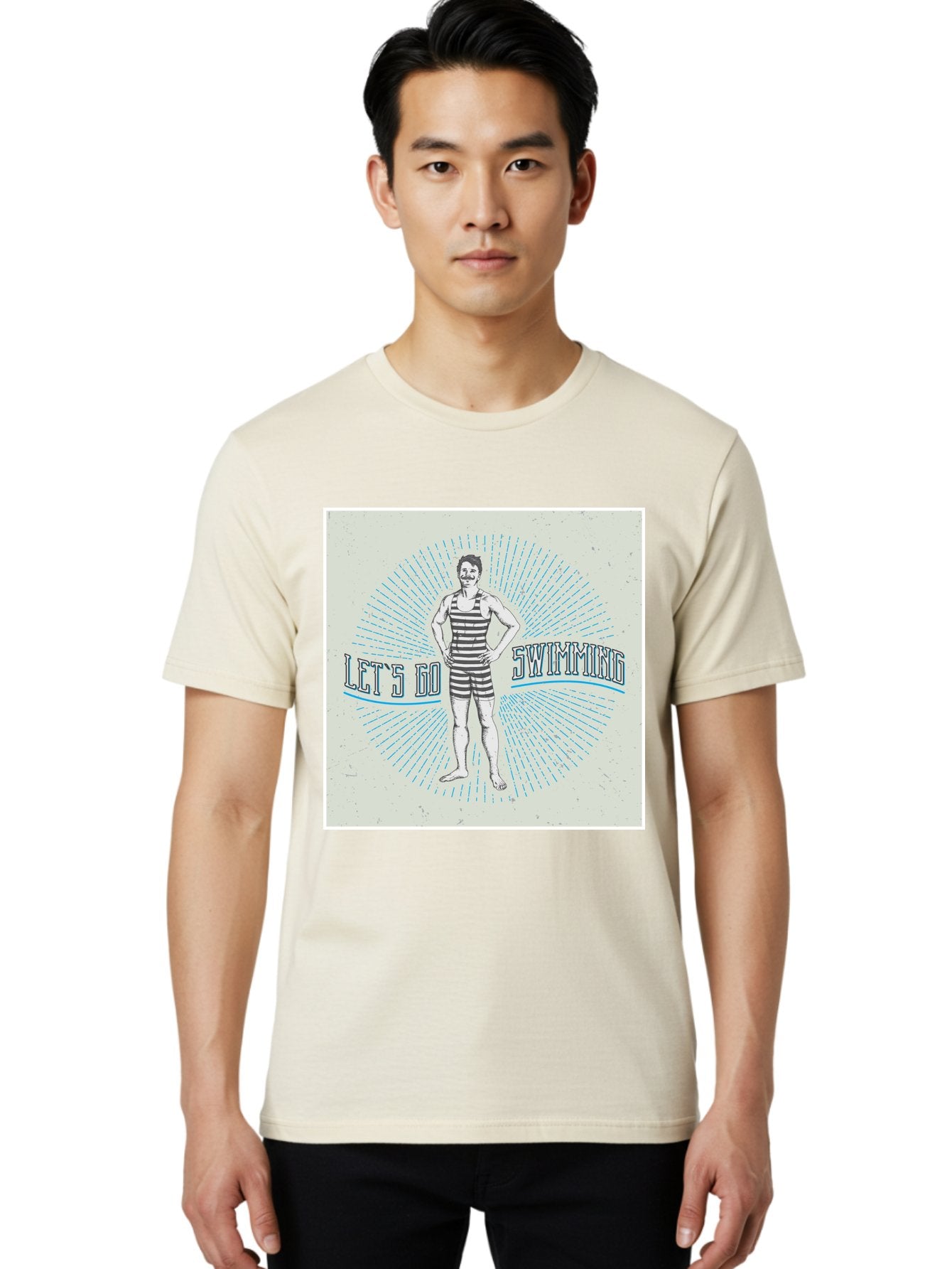 Let-S-Go-Swimming Men'S Graphic Tee, 100% Cotton, Comfortable Casual Summer Wear, Machine Washable, Vintage Swimmer, Retro Style, Black And White Stripes, Swimming Costume, Aquatic Activities, Water Sports, Nostalgic Design, Classic Swimwear, Aab973 19