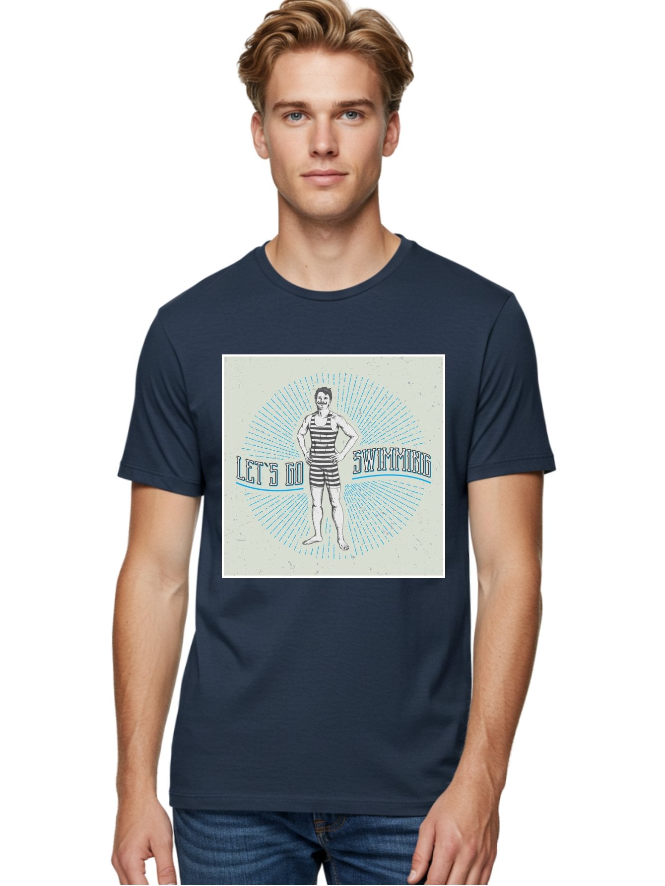 Let-S-Go-Swimming Men'S Graphic Tee, 100% Cotton, Comfortable Casual Summer Wear, Machine Washable, Vintage Swimmer, Retro Style, Black And White Stripes, Swimming Costume, Aquatic Activities, Water Sports, Nostalgic Design, Classic Swimwear, Aab973 23