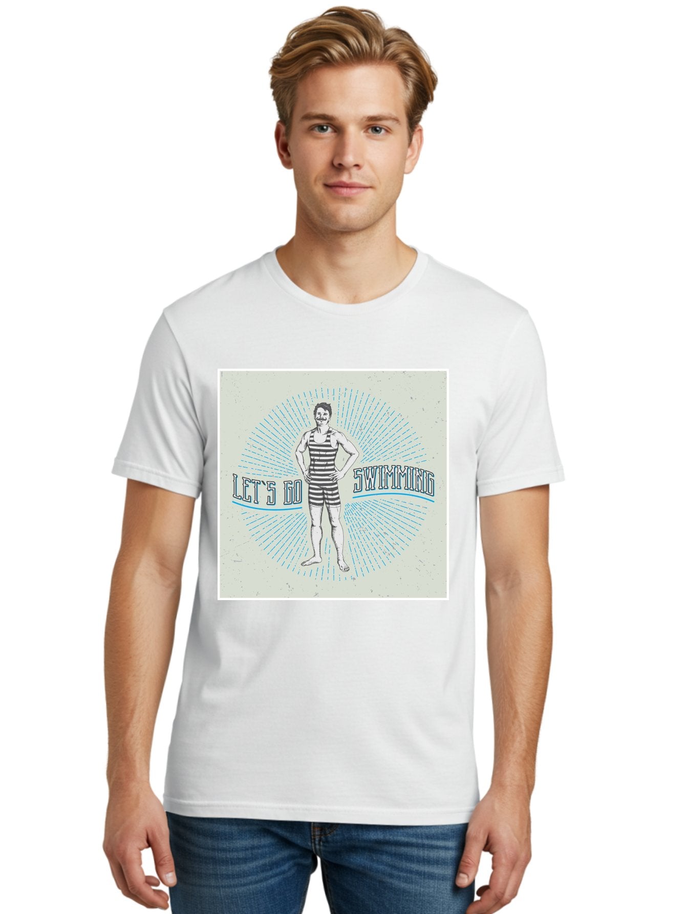 Let-S-Go-Swimming Men'S Graphic Tee, 100% Cotton, Comfortable Casual Summer Wear, Machine Washable, Vintage Swimmer, Retro Style, Black And White Stripes, Swimming Costume, Aquatic Activities, Water Sports, Nostalgic Design, Classic Swimwear, Aab973 25