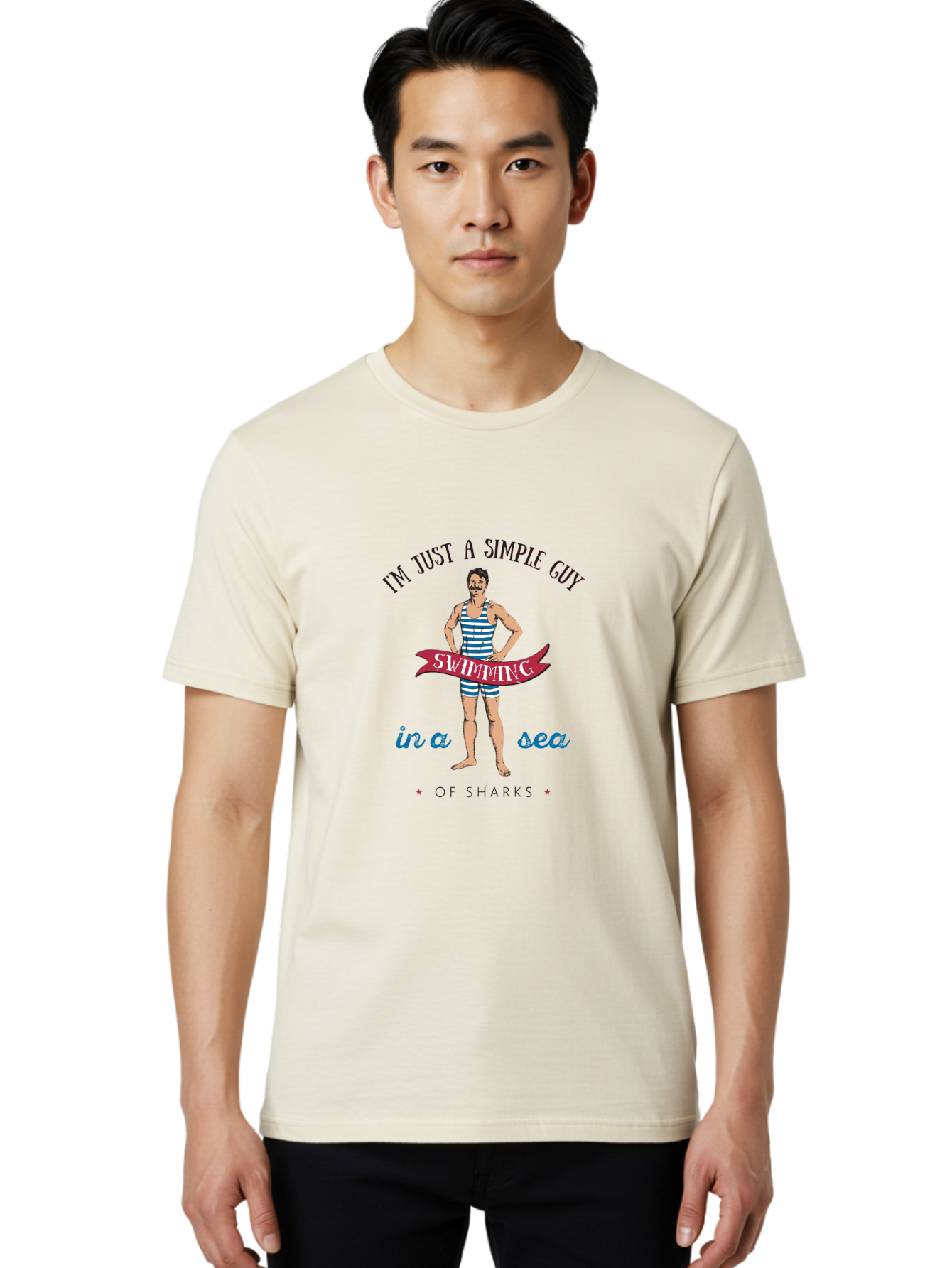 Simple-Guy-Swimming-1 Men'S Graphic Tee, 100% Cotton, Comfortable Casual Summer Wear, Machine Washable, Funny Cartoon, Vintage Swimmer, Blue Striped Swimsuit, Humorous Quote, Shark Humor, Retro Style, Ocean Joke, Witty Phrase, Swimmers, Aab974 6
