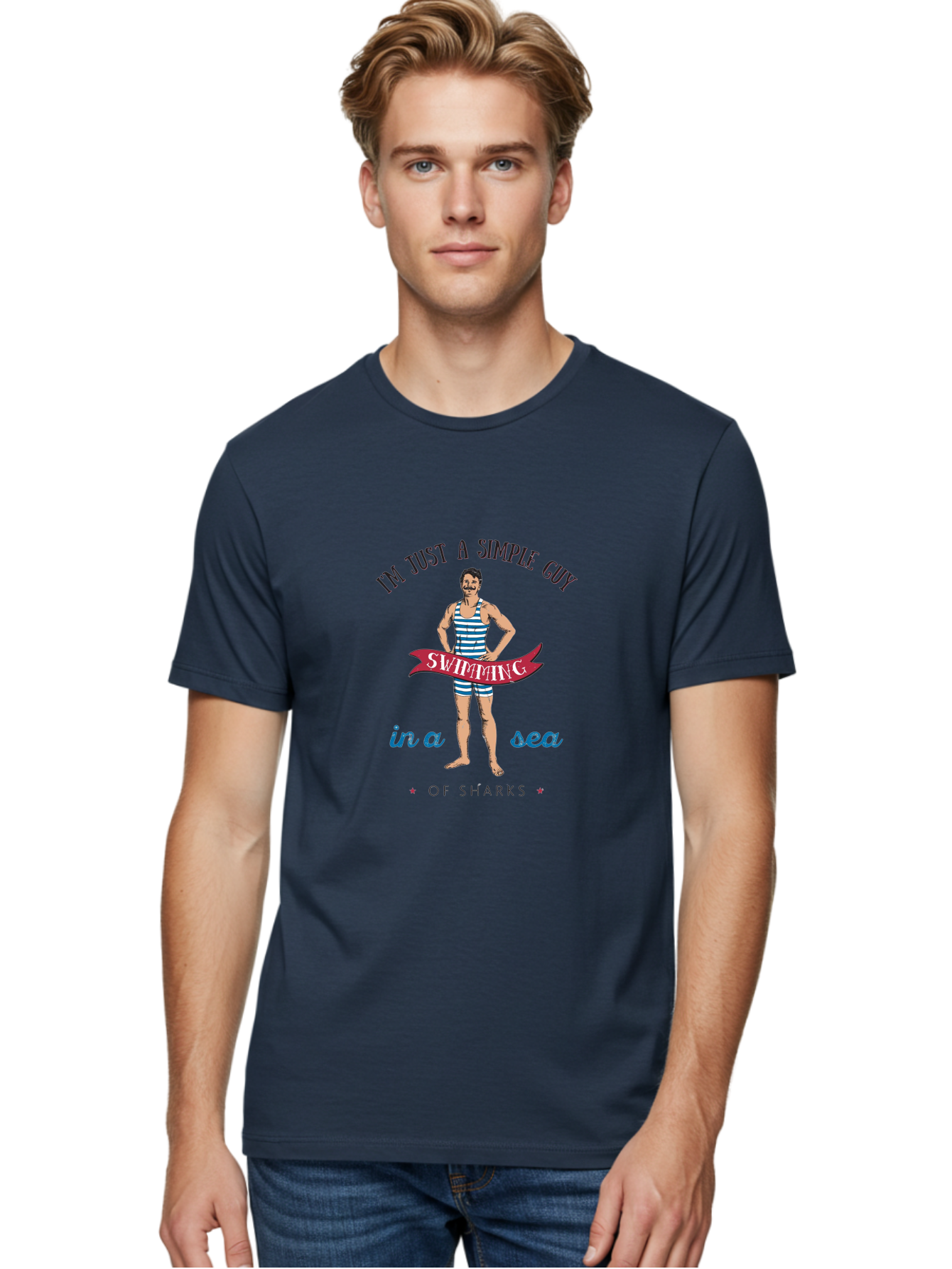 Simple-Guy-Swimming-1 Men'S Graphic Tee, 100% Cotton, Comfortable Casual Summer Wear, Machine Washable, Funny Cartoon, Vintage Swimmer, Blue Striped Swimsuit, Humorous Quote, Shark Humor, Retro Style, Ocean Joke, Witty Phrase, Swimmers, Aab974 10
