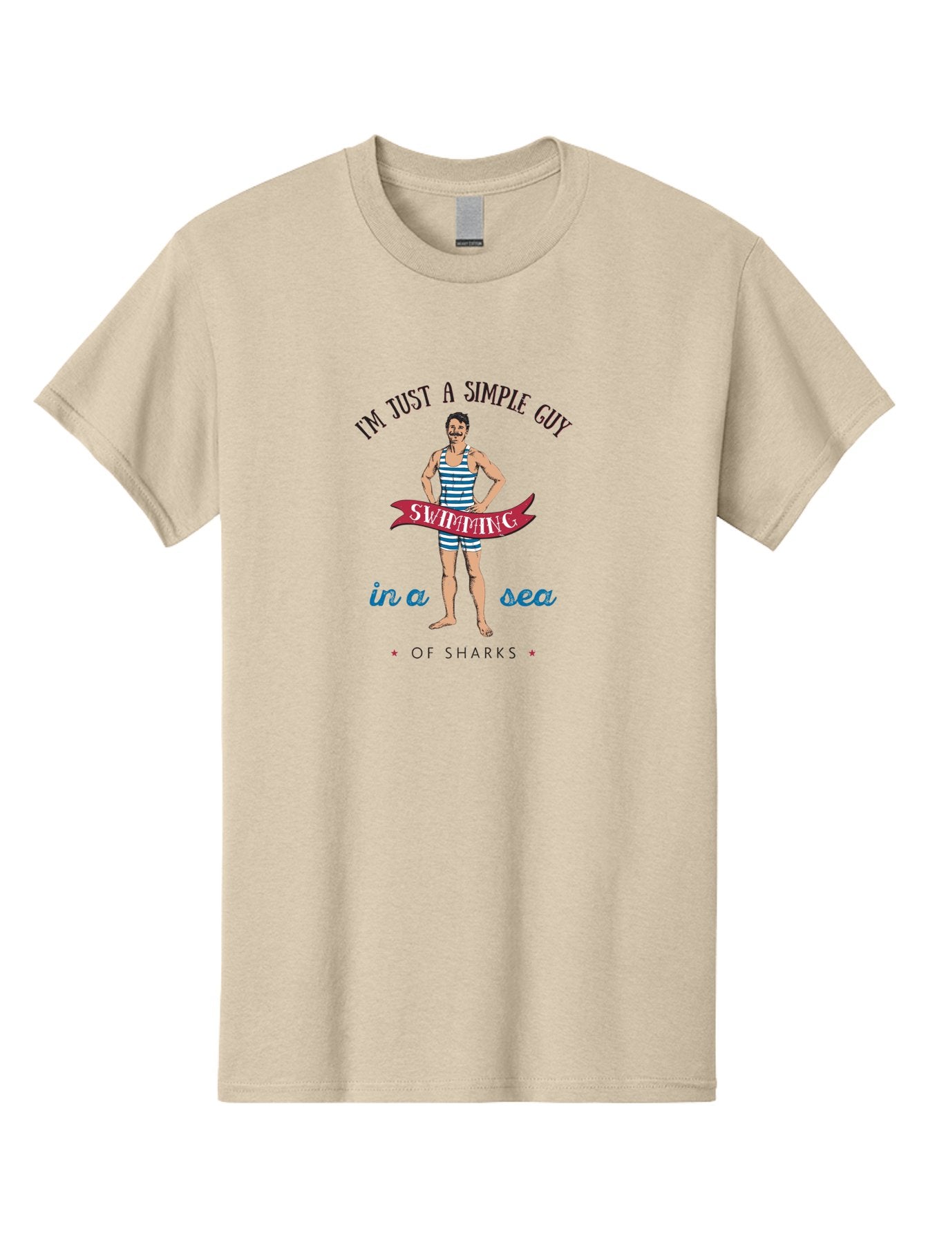 Simple-Guy-Swimming-1 Men'S Graphic Tee, 100% Cotton, Comfortable Casual Summer Wear, Machine Washable, Funny Cartoon, Vintage Swimmer, Blue Striped Swimsuit, Humorous Quote, Shark Humor, Retro Style, Ocean Joke, Witty Phrase, Swimmers, Aab974