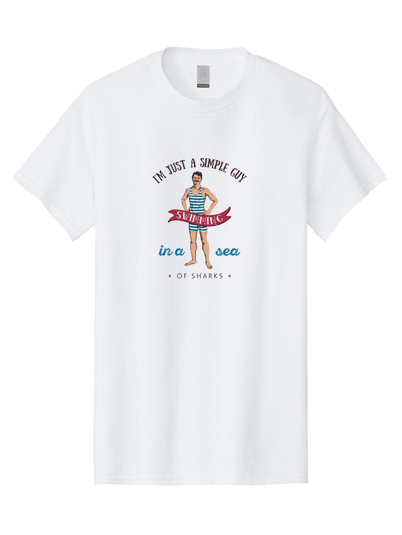 Simple-Guy-Swimming-1 Men'S Graphic Tee, 100% Cotton, Comfortable Casual Summer Wear, Machine Washable, Funny Cartoon, Vintage Swimmer, Blue Striped Swimsuit, Humorous Quote, Shark Humor, Retro Style, Ocean Joke, Witty Phrase, Swimmers, Aab974 5