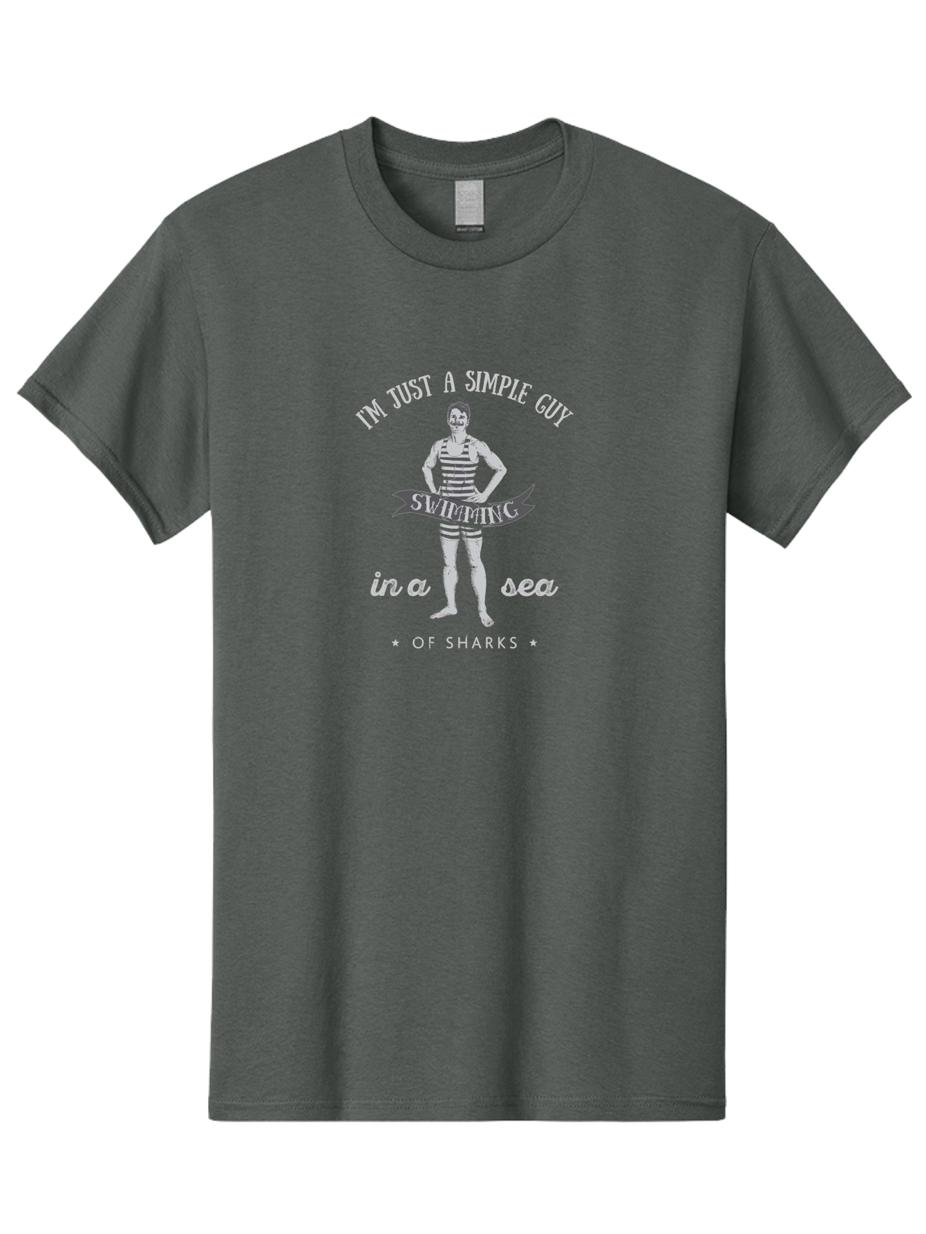Simple-Guy-Swimming-2 Men'S Graphic Tee, 100% Cotton, Comfortable Casual Summer Wear, Machine Washable, Vintage Man, Striped Swimsuit, Confident Pose, Shark Warning, Ocean Danger, Retro Illustration, Humorous Quote, Fearless Attitude, Aab975 11