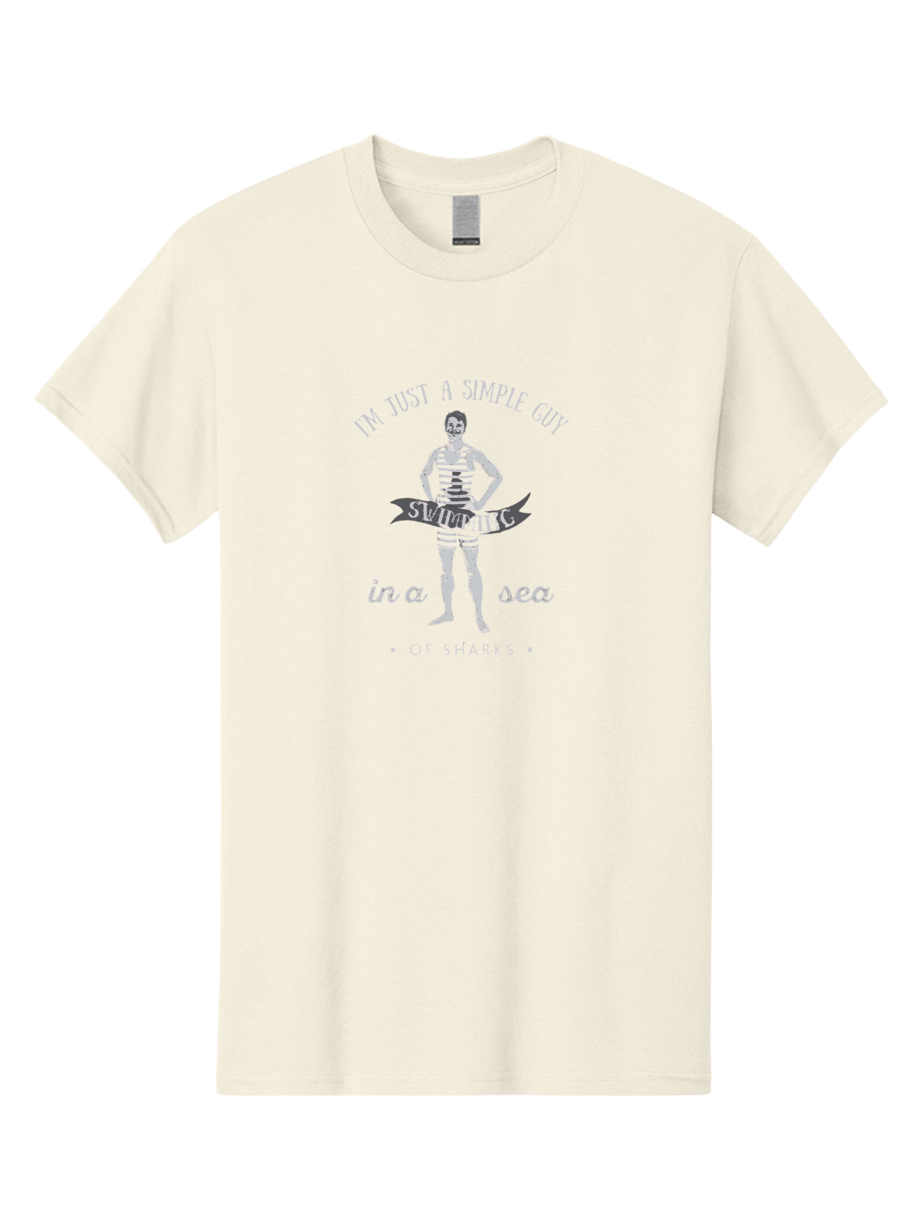 Simple-Guy-Swimming-2 Men'S Graphic Tee, 100% Cotton, Comfortable Casual Summer Wear, Machine Washable, Vintage Man, Striped Swimsuit, Confident Pose, Shark Warning, Ocean Danger, Retro Illustration, Humorous Quote, Fearless Attitude, Aab975 29