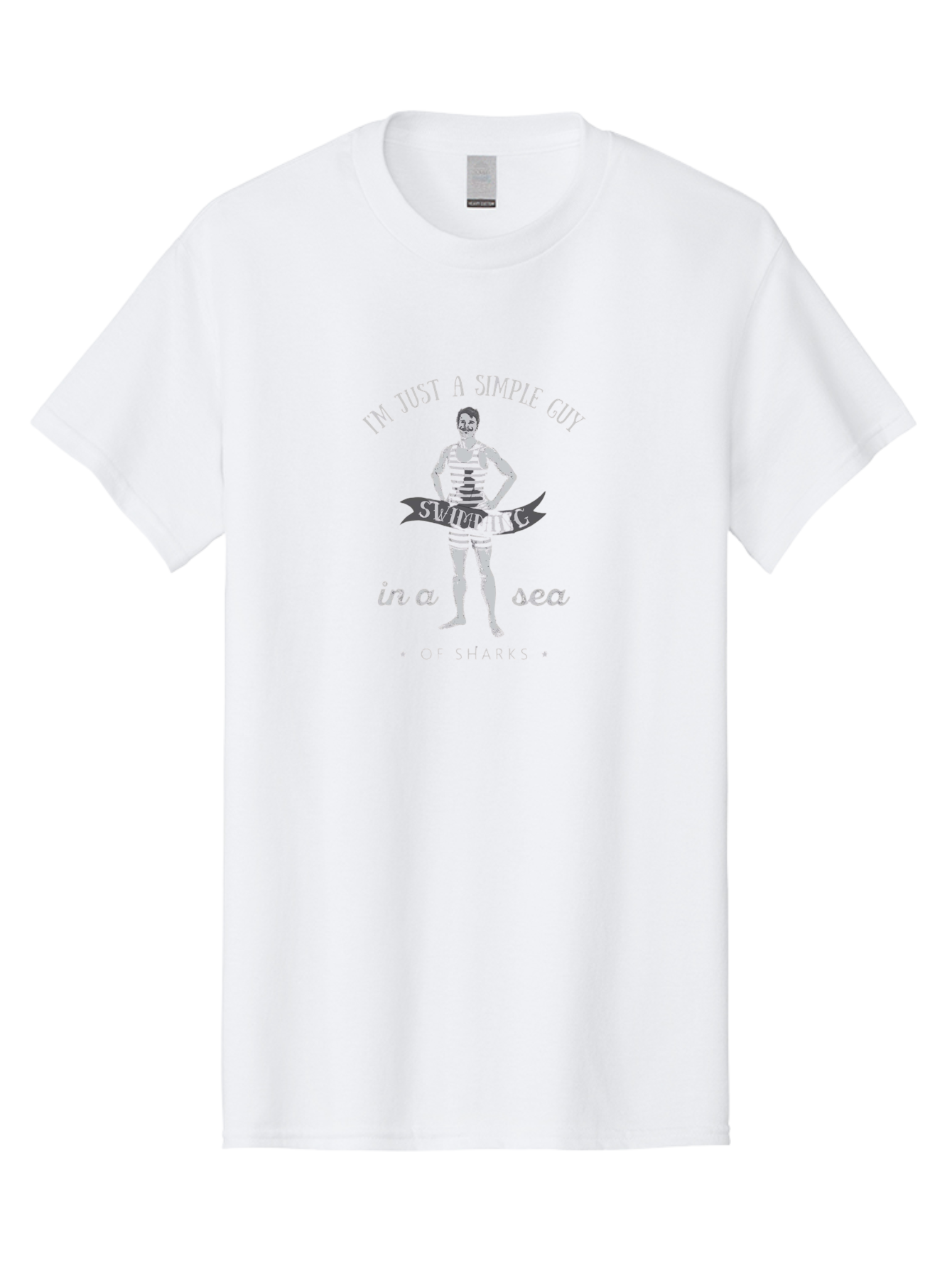 Simple-Guy-Swimming-2 Men'S Graphic Tee, 100% Cotton, Comfortable Casual Summer Wear, Machine Washable, Vintage Man, Striped Swimsuit, Confident Pose, Shark Warning, Ocean Danger, Retro Illustration, Humorous Quote, Fearless Attitude, Aab975 17